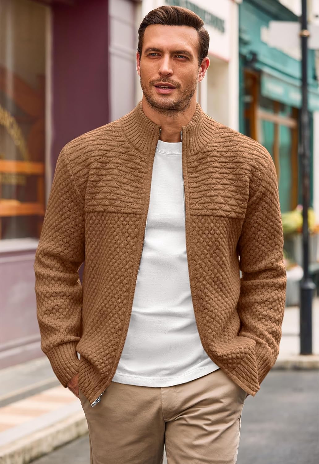 Runcati Mens Zip Up Cardigan Sweater Casual Stand Collar Textured Knit Ribbed Chunky Sweaters - Image 2