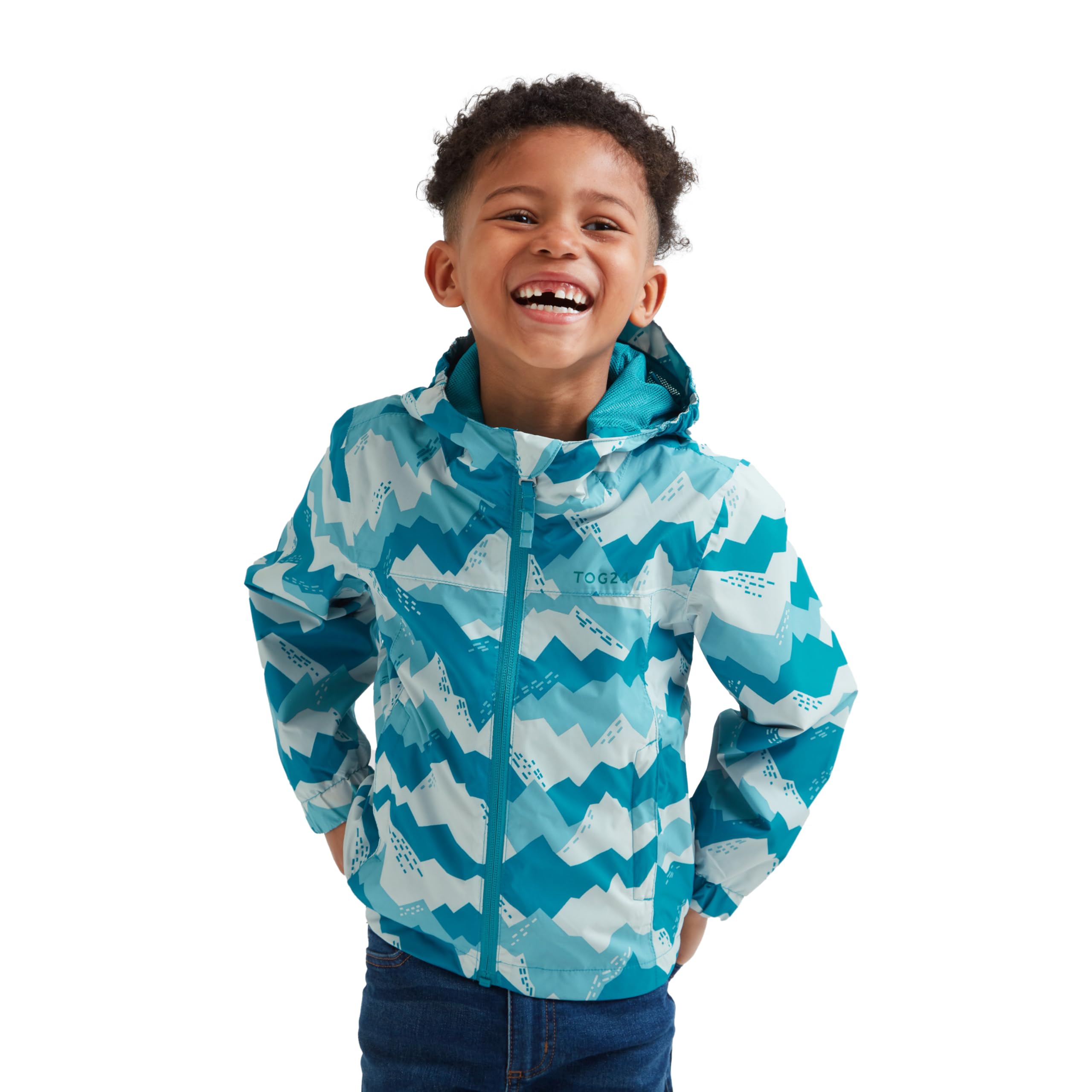 Tog24 Mosaic Blue Mountain Print Copley Kids Lightweight 100% Waterproof Jacket With Hood, 5K Waterproof Packaway Rain Jacket With Carry Bag, Windproof & Breathable, Ideal For School And General Outdoor Use