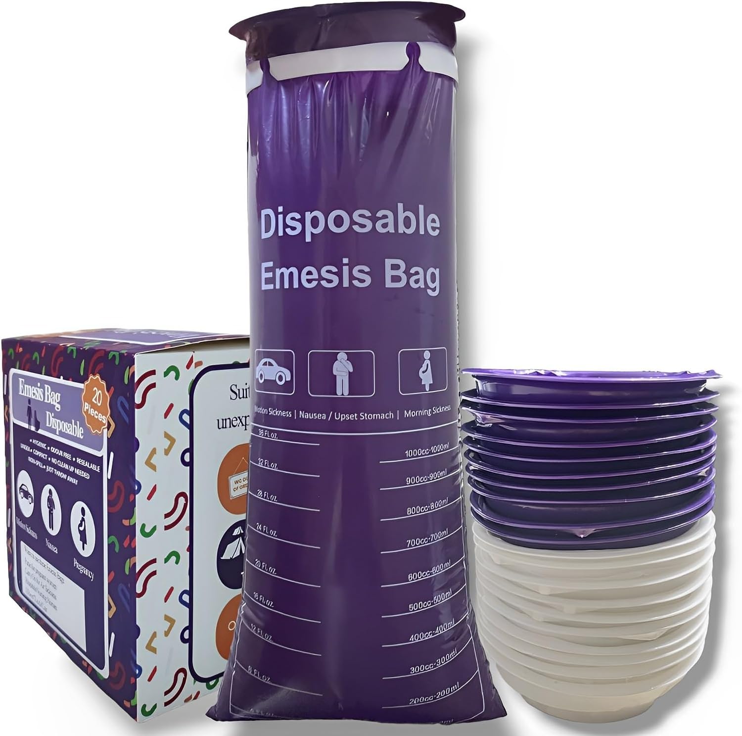 20 Pcs Disposable Vomit Bags, 1000ml Barf Bags, Portable Purple Vomit Bag Medical