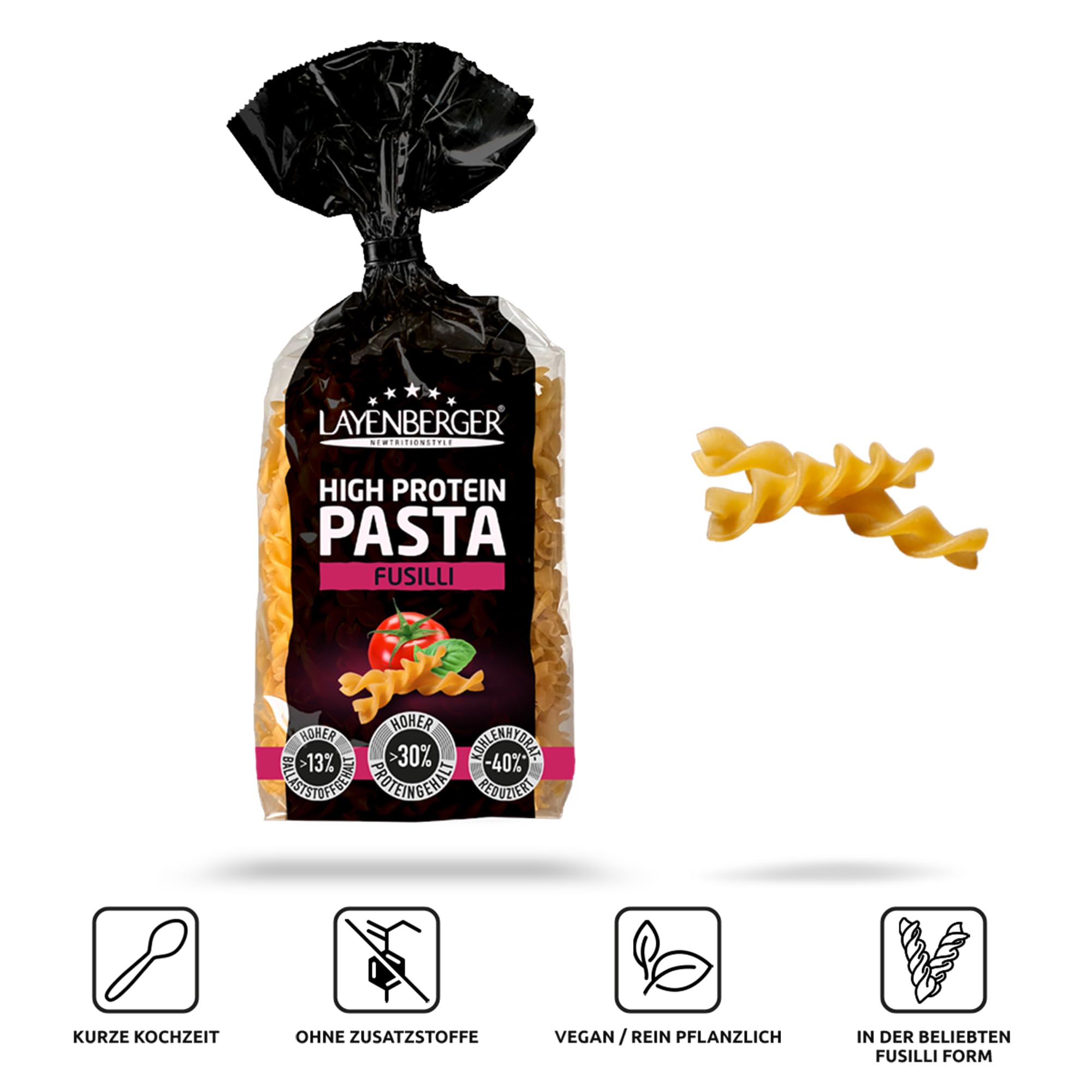 Layenberger High Protein Pasta Fusilli - Eiweiß-Nudeln, 30% Weizen-Protein, Ballaststoffe, vegan, 10er Pack (10x 250 g)