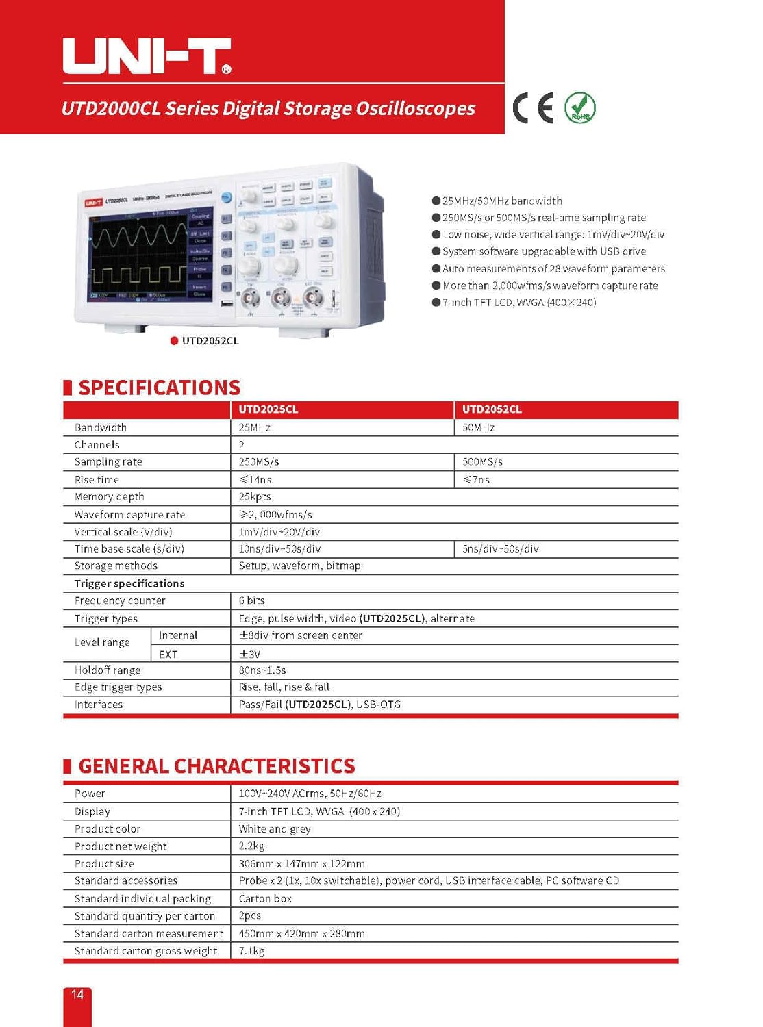 UNI-T UNI-Trend UTD2025CL Digital Oscilloscopes 2 Channel 25MHZ,7 inches Widescreen LCD displays(UTD2025CL)