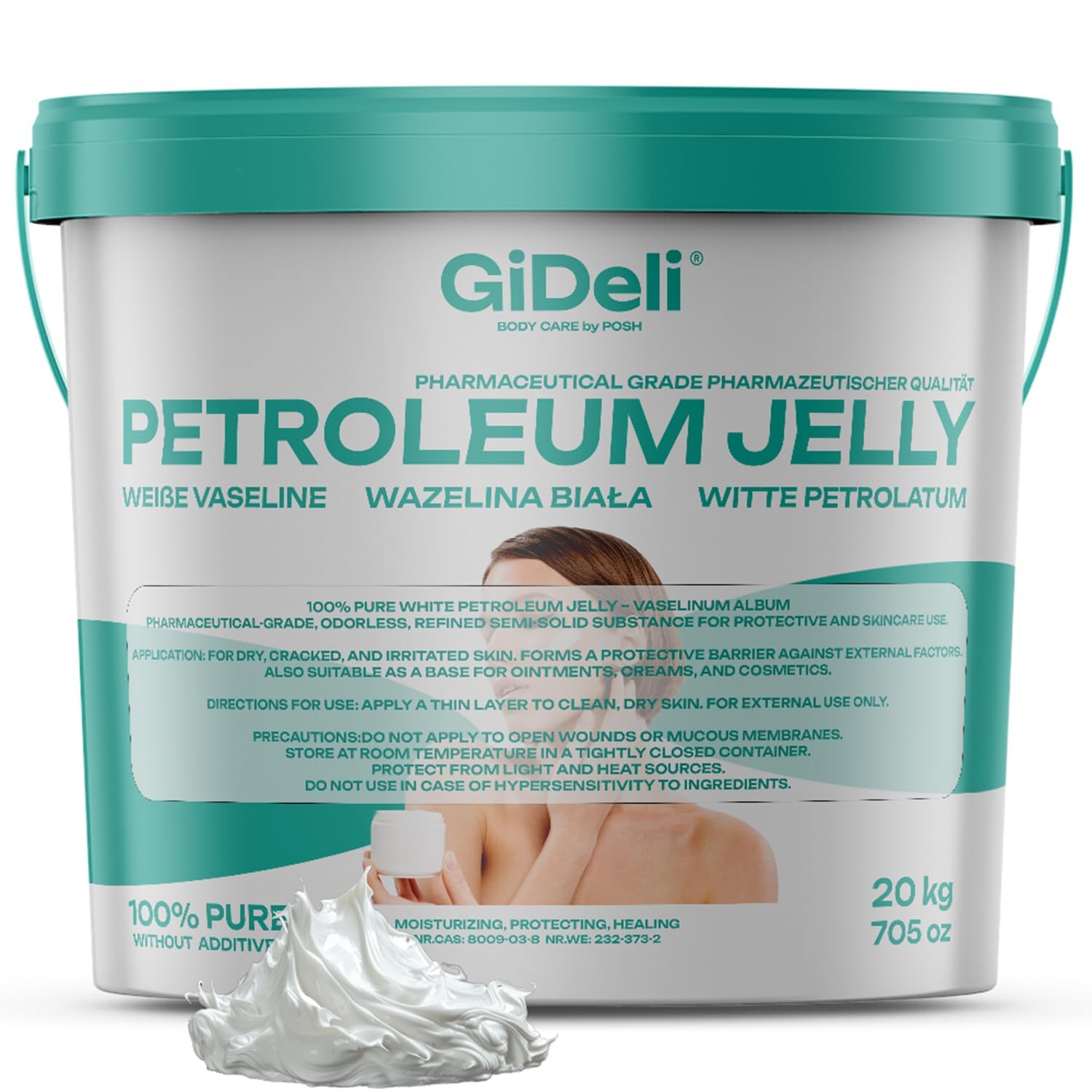 GiDeli Weiße Vaselin 20 kg - Handcreme & Hautpflege - Fettcreme für Extrem Trockene Füße, Hand, Lip - Balm für Rissige Lippen, Tattoo, Piercing, Körperpflege und Autodichtungen