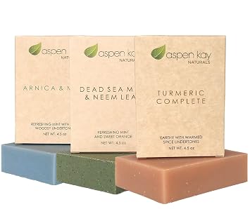 Aspen Kay Naturals Soap - Made with Natural and Organic Ingredients. Gentle Soap. 1 Turmeric Soap - 1 Anica & Mint Soap - 1 Dead Sea Mud & Neem Soap - 4.5oz Bar