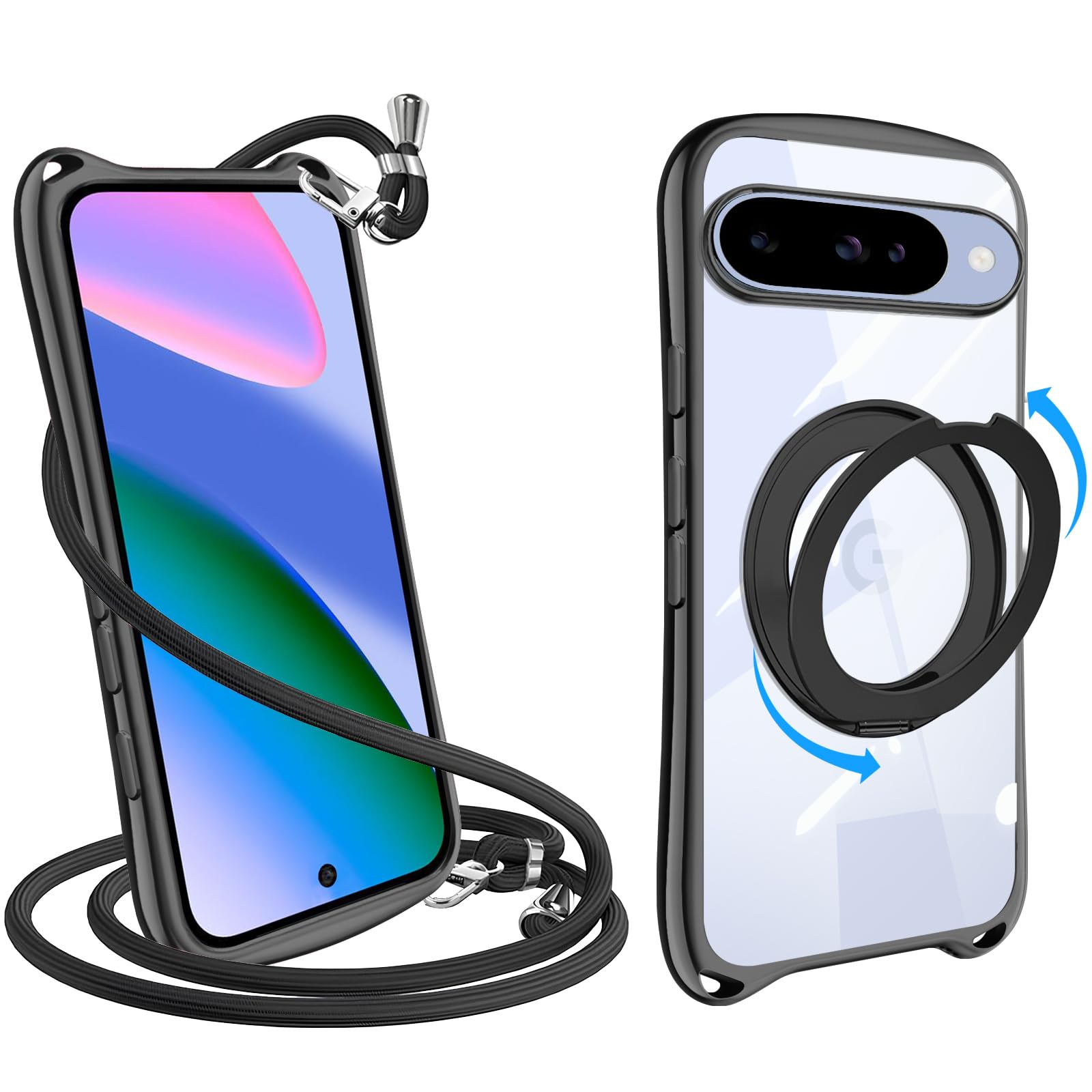 Google Pixel 10 /Pixel10 Pro 用の ケース クリア ショルダー リング付き ストラップ付き【360°回転スタンド・縦横両対応】ピクセル 10/10pro スマホケース カバー 耐衝撃 透明 TPU 肩掛け 首掛け 取り外し可能 長さ調整可能 スタンド機能付き 金属ボタン(ブラック)