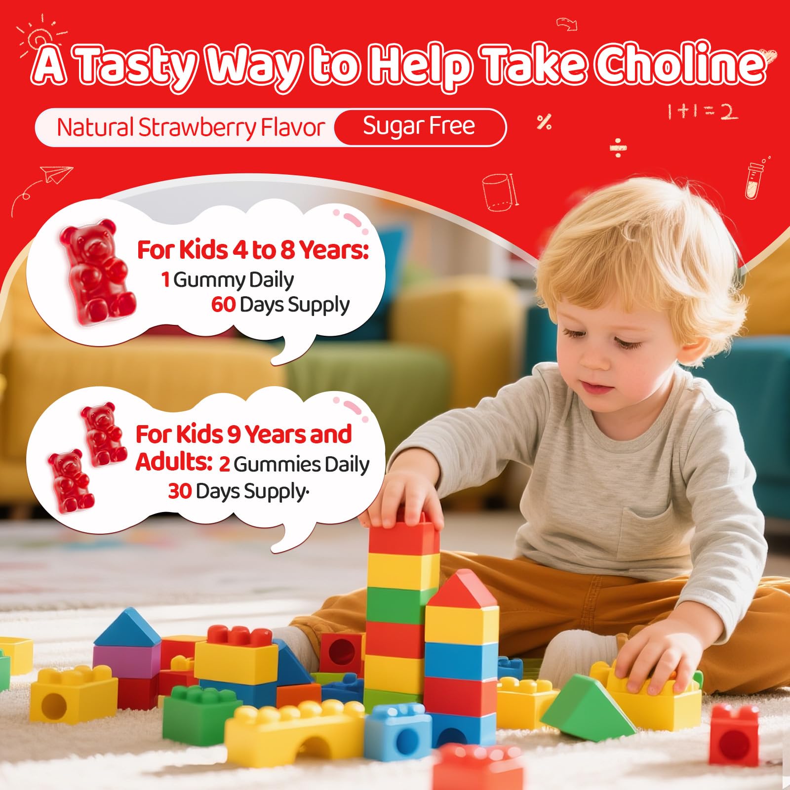 Choline Gummies for Kids & Adults, Choline Supplements 500mg with DHA, Phosphatidylserine for Brain Health, Focus, Immune Support, Sugar-Free, Vegan, Strawberry Flavor, 60 Gummies — Amazon image 6