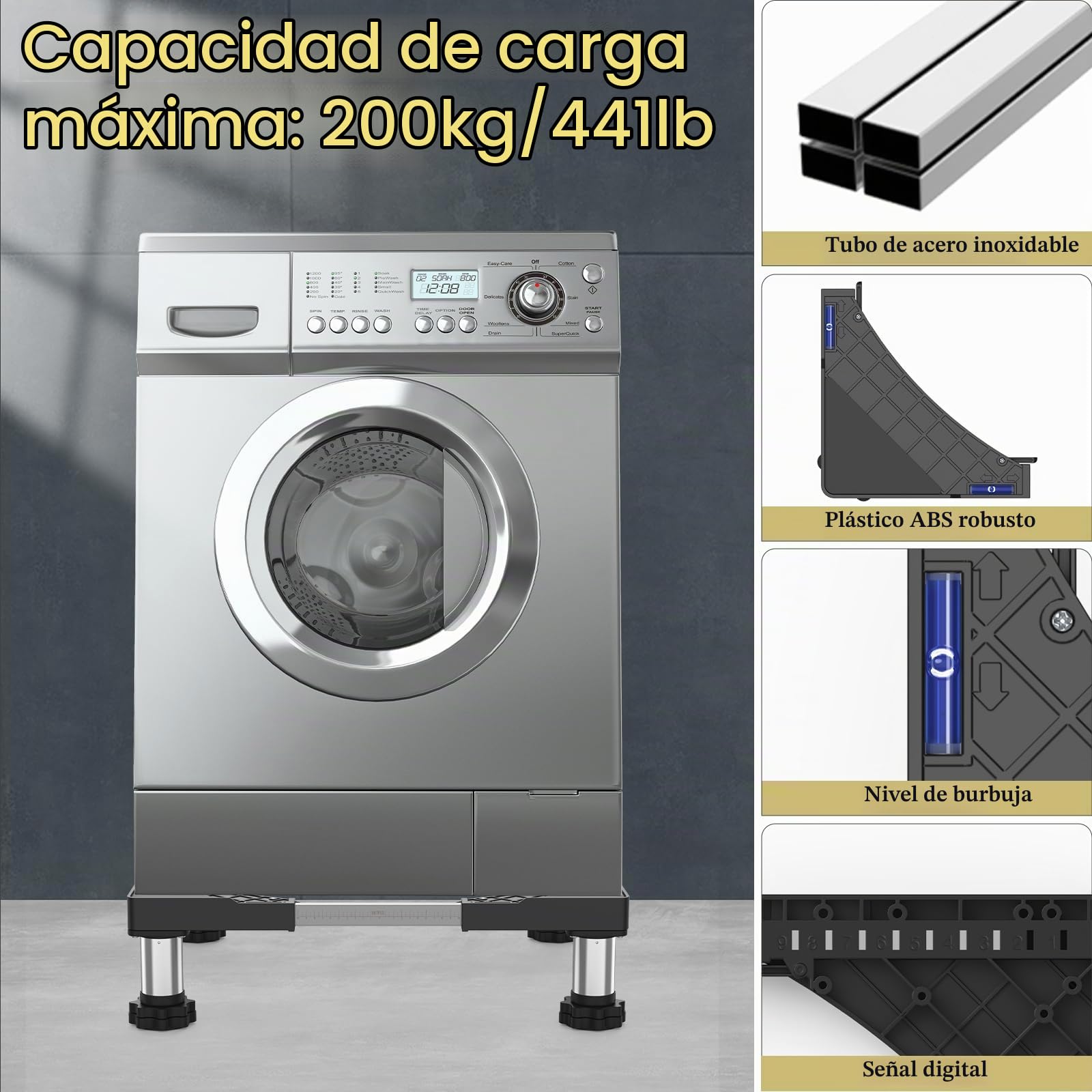 DEWEL Soporte Lavadora Ajustable para Lavadoras, Frigoríficos y Secadoras | con Cuatro Pies de Acero Inoxidable, Ancho Regulable 45-65cm, Altura 13-17cm, Carga Máxima 200 kg, Negro