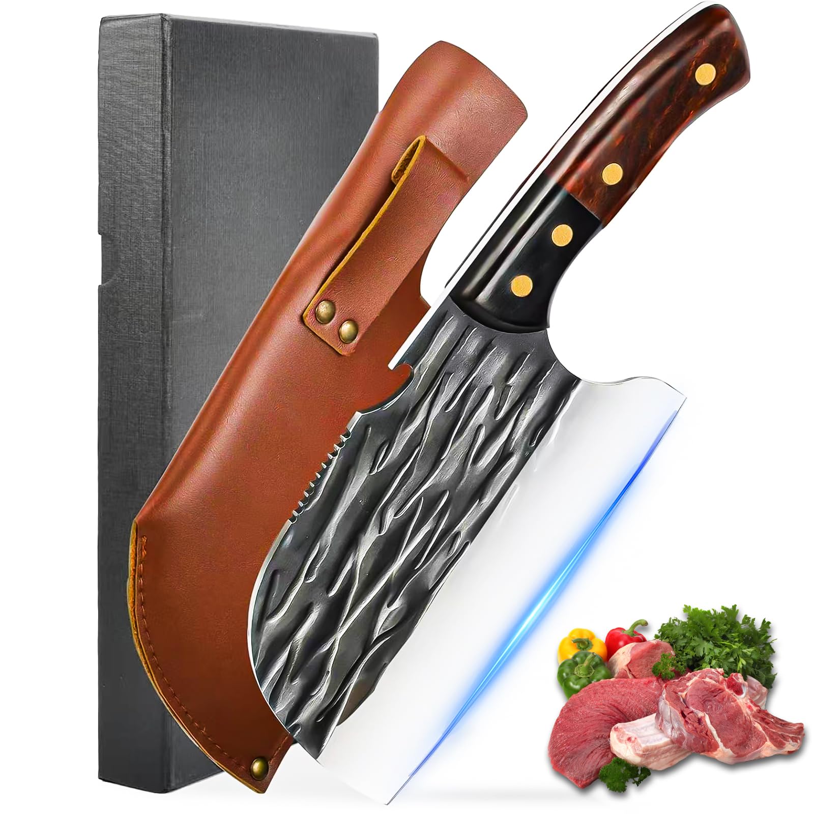 ANLJNCC Serbian Chef Knife with Sheath, Professional Meat Cleaver Knife Full Tang Handle, High Carbon Steel Meat Cutting Chopping Knife, Hand Forged Butcher Knife for Kitchen Camping BBQ Gift