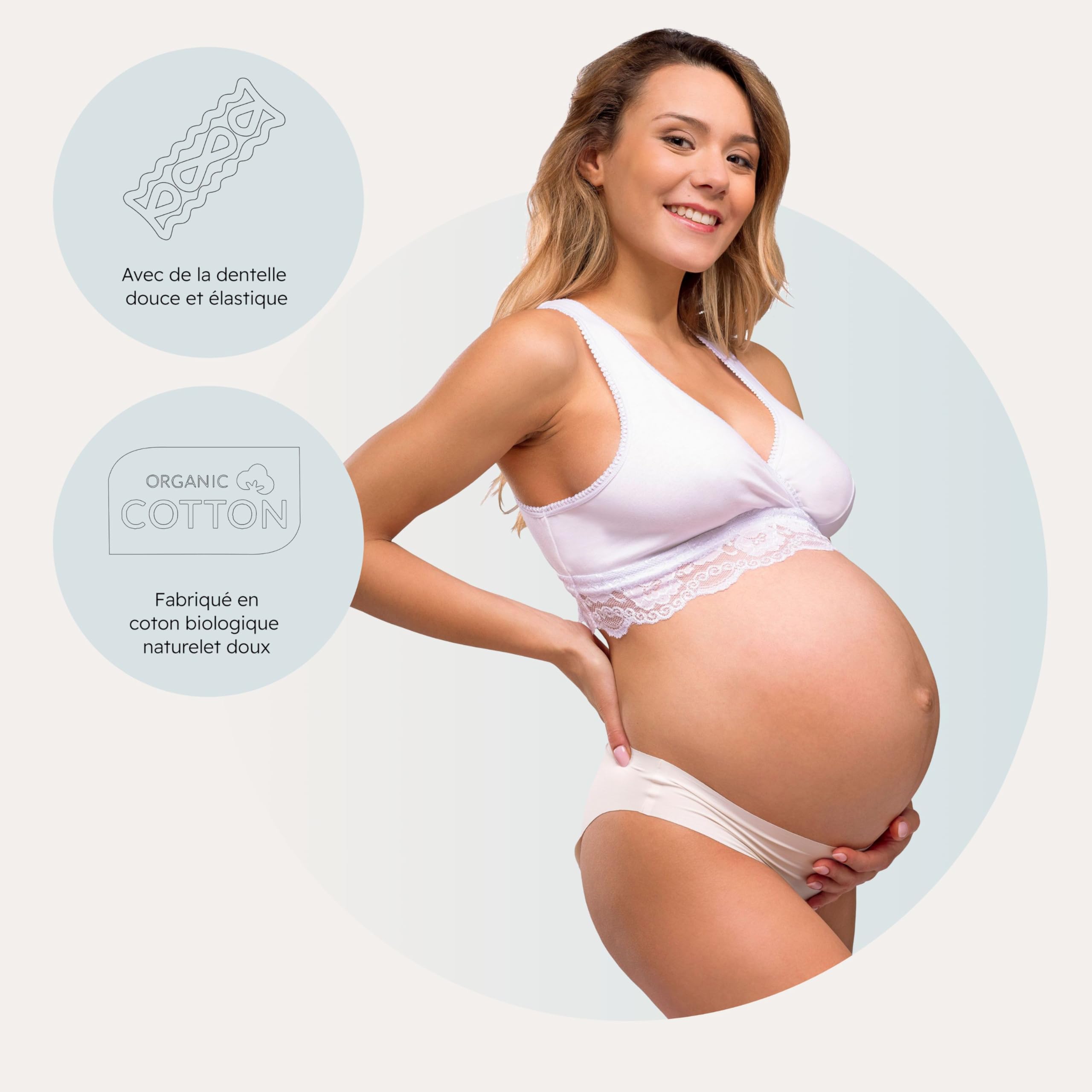 Carriwell Soutien-Gorge de Grossesse, Sommeil et d’Allaitement Bio – Soutien-Gorge en Coton Ultra Confortable avec Dentelle, Respirant, Doux et sans Couture, S’adapte aux Changements de la Poitrine