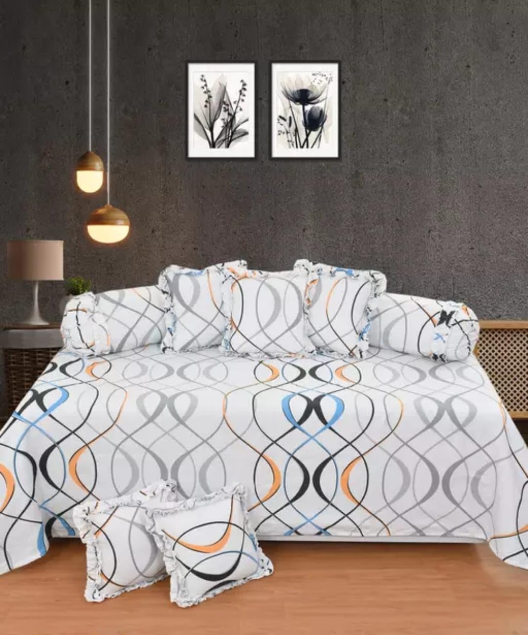 Premium 100% Feel Cotton Diwan White-Grey ZIK-ZAG Striped Printed Bedsheet Set(8 Piece Set,1-Single Bed Sheet,2 Frill Bolster Cover,5 Frill Cushion Cover - Pack of 8 Pcs Set (White-Grey ZIK-ZAG)-image-35