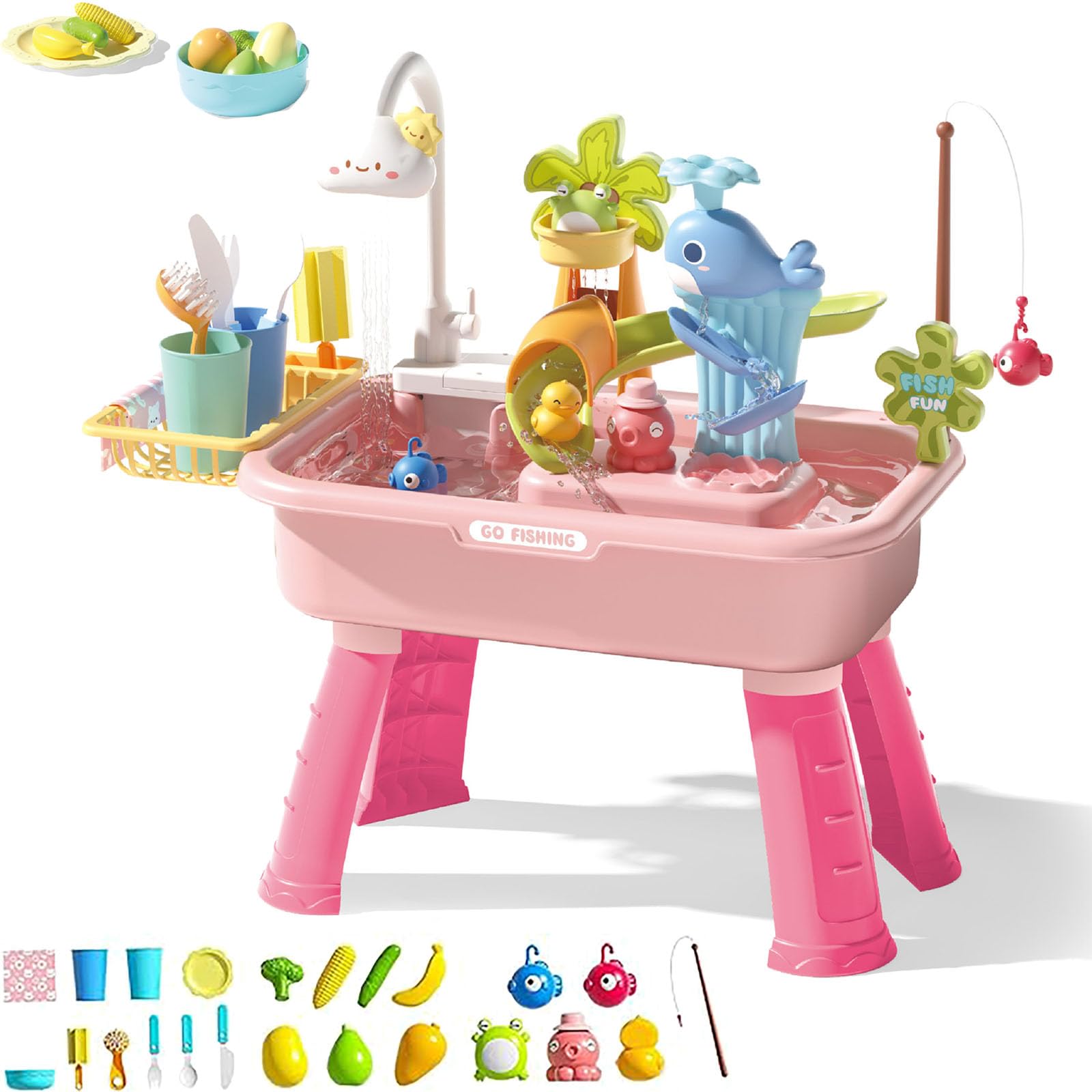 Kids Electric Fishing Pond Water Table, Electric Play Sink with Pump and Running Waters, Water Play Table for Kids with Removable Table,Emovable Legs, 180° Rotating for Indoor/Outdoor Use (Pink,B)