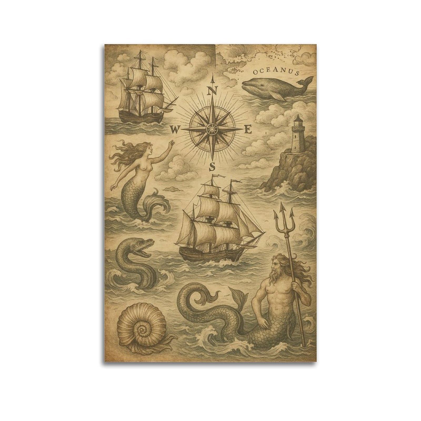 OKAHYS Vintage Nautical Compass Artwork Poster Decorative Painting Canvas Wall Artworks Picture 24x36inch(60x90cm)