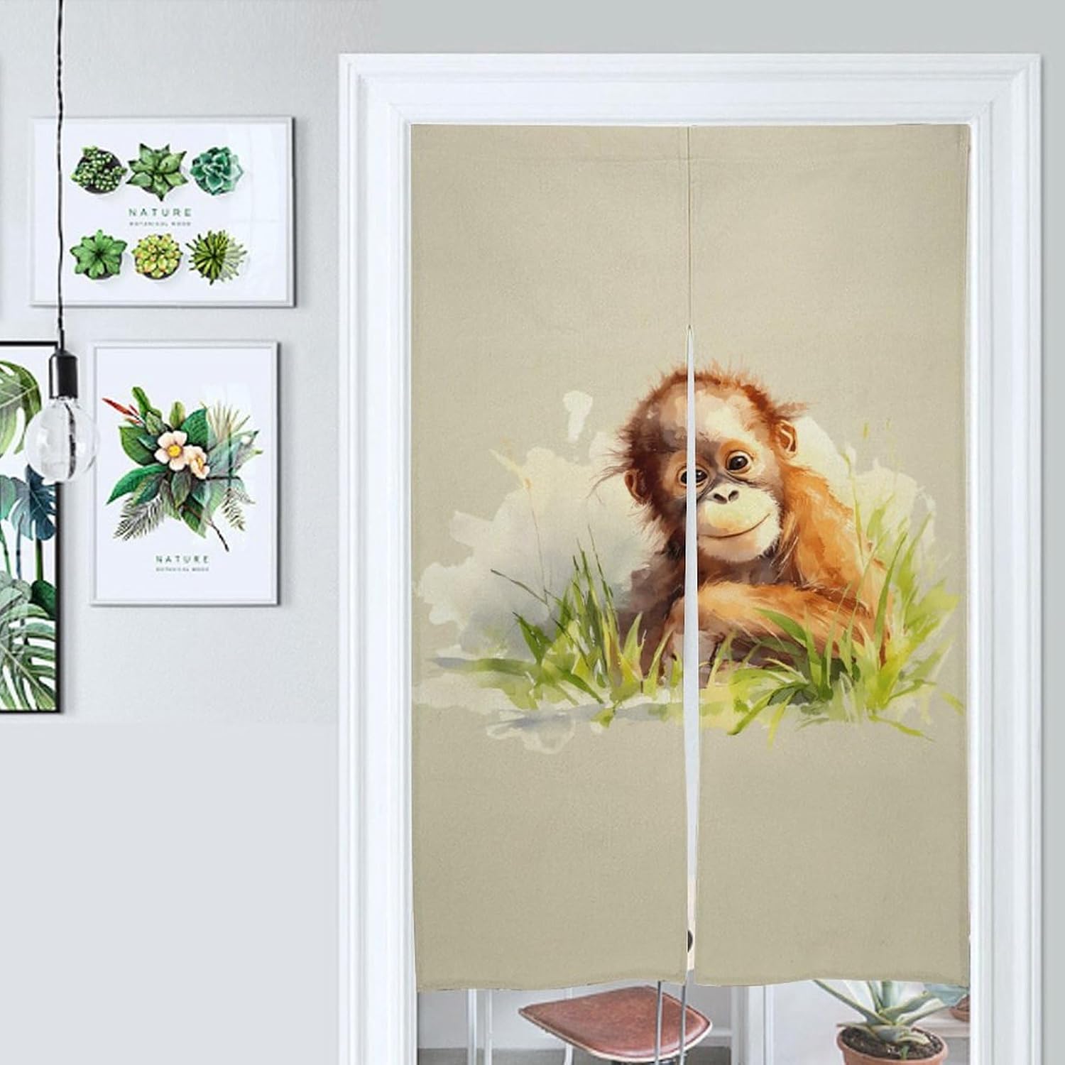 Cute Orangutan Doorway Curtain Insulated Room Divider Drapes | white linen,privacy curtains