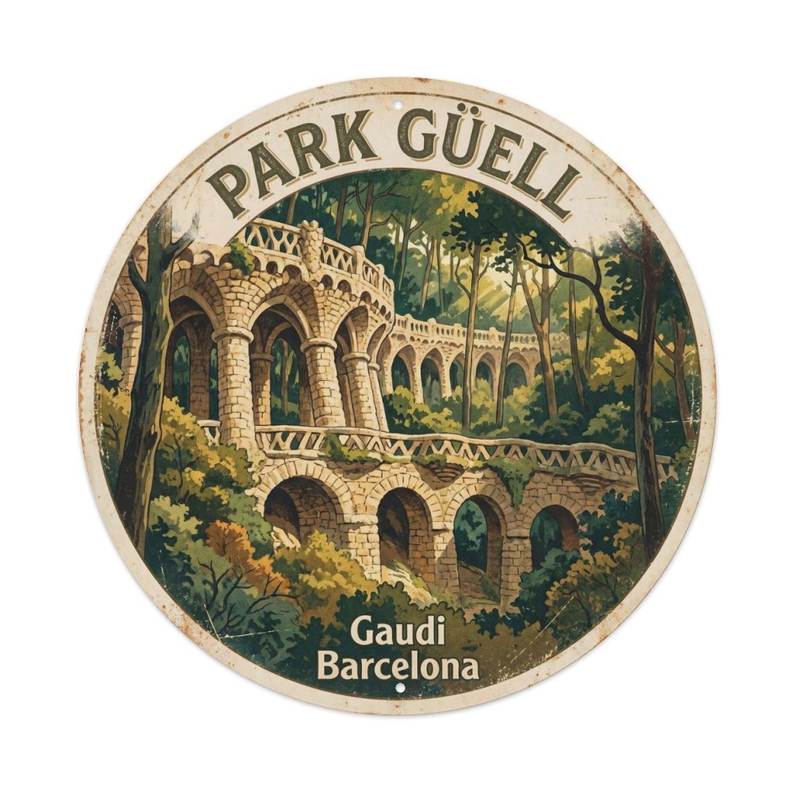 Barcelona Mosaic Garden Park Vintage Spain Travel Landmark Metal Tin Sign Plaque Wall Decor for Cafe, Man Cave, Club Bar, Office, Home Garden Round Metal Poster 8x8Inch