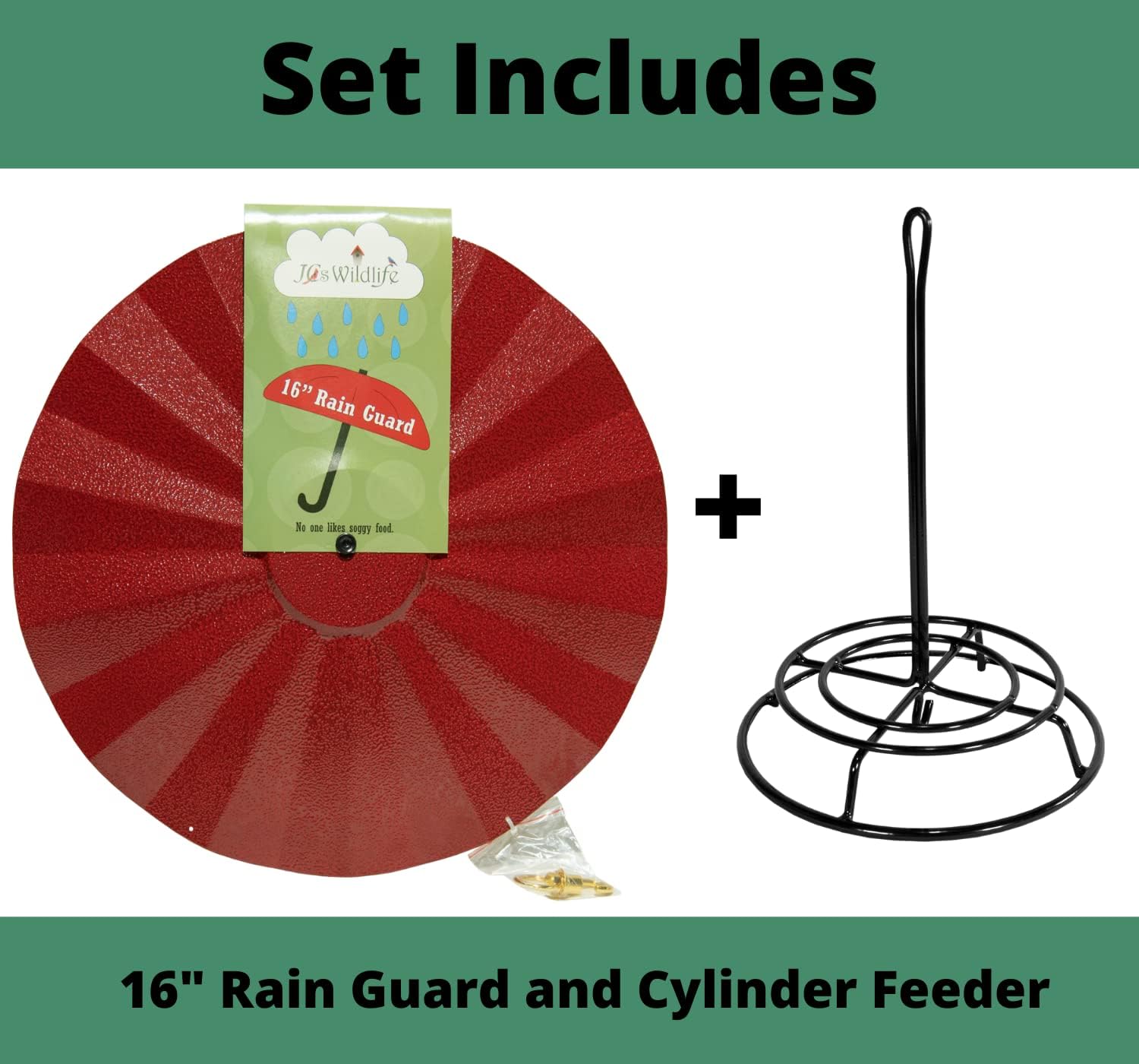 JCS Wildlife 16" Metal Rain Guard and Bird Seed Cylinder Feeder Kit - Protect Your Bird Food from Rain and Overhead Messes! (Red)