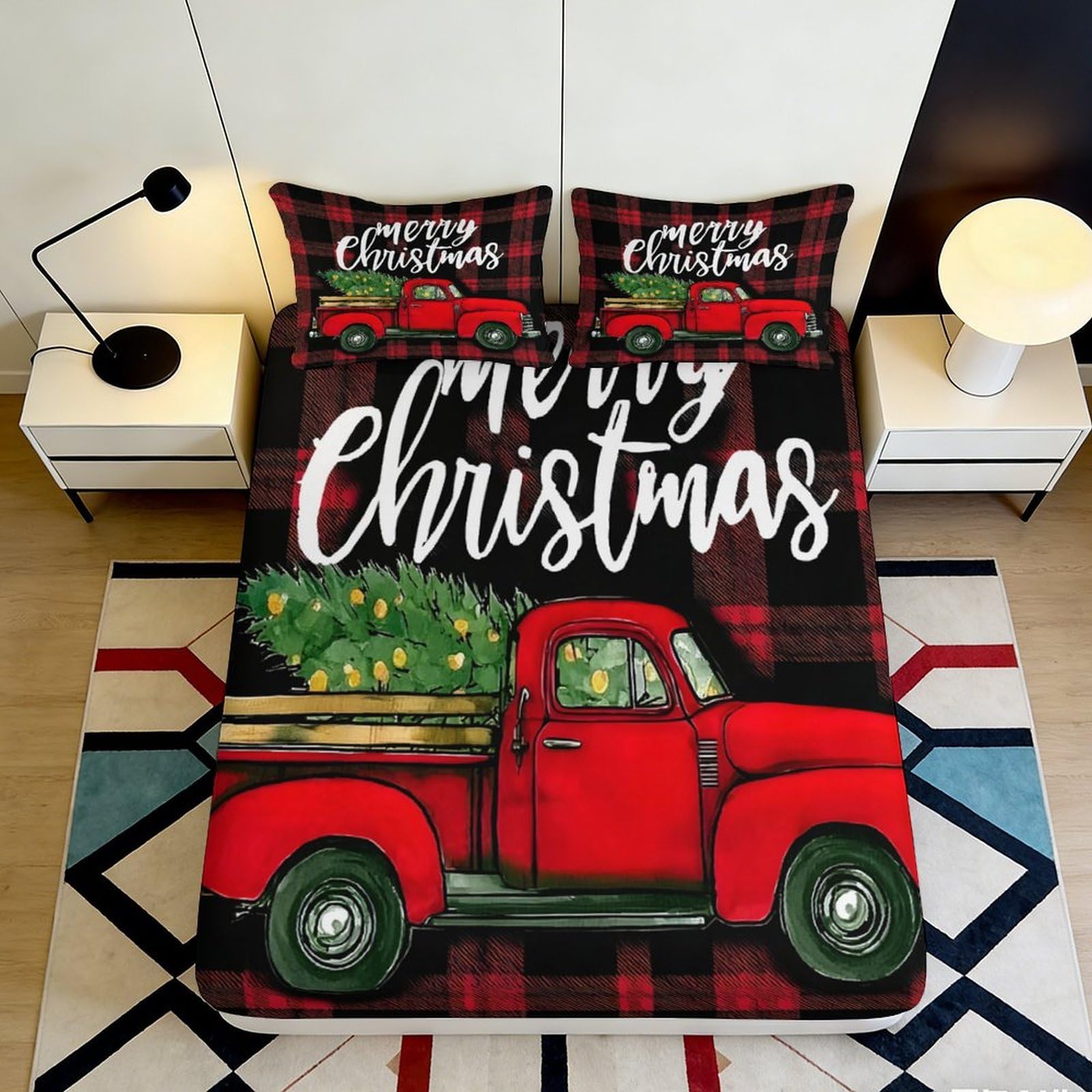 3D Printed Red Truck Christmas Fitted Sheet Microfiber Soft Plaid Pine Tree Bed Cover for Bedroom Dorm Decor 90x200x25cm