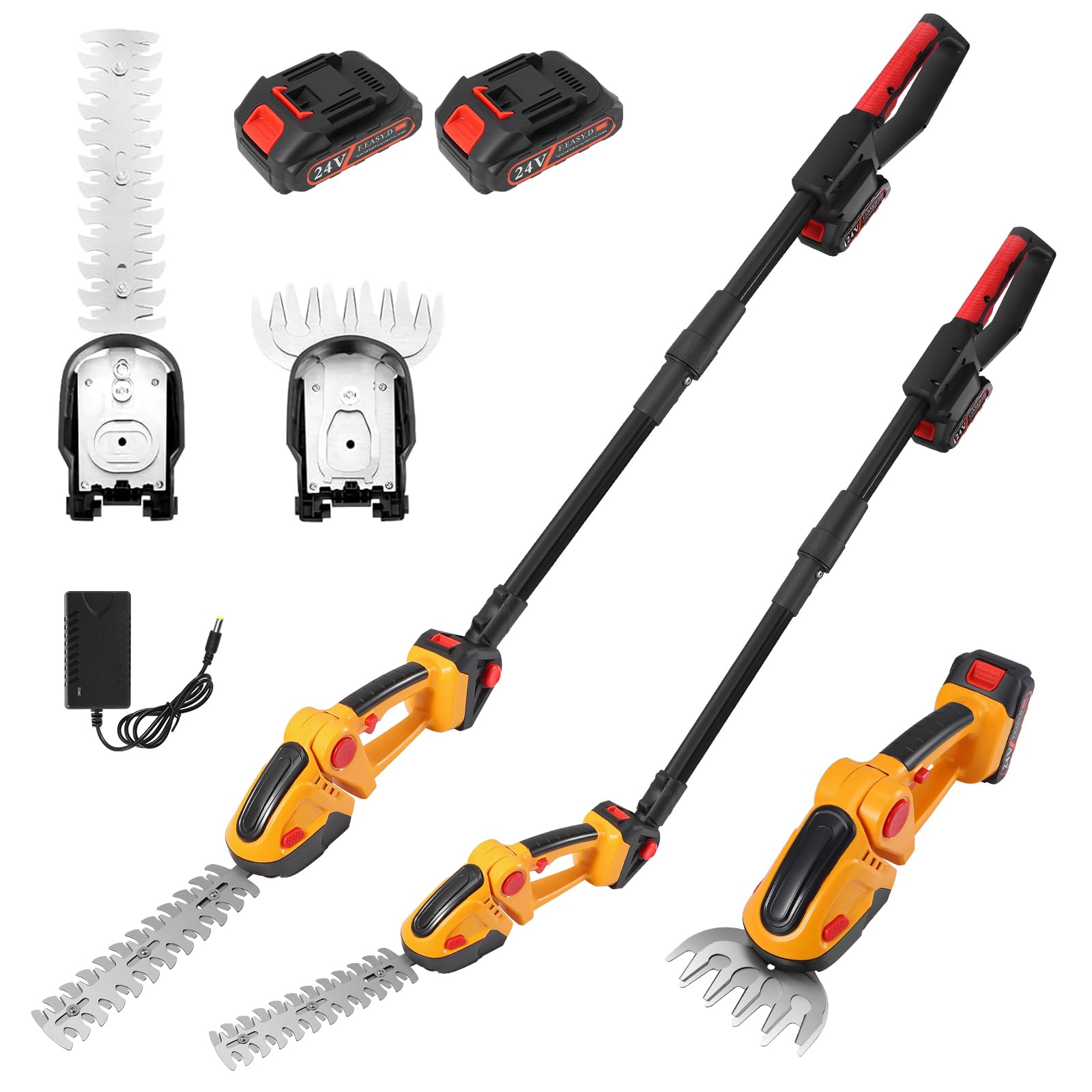 Cortasetos Electrico 2 en 1, Tijera Cortacésped y Arreglasetos 24V con Baterías 2 * 1500mAh, Cortasetos Alimentada por Batería para Arbustos, Jardín, Césped, Hoja, Sucursales