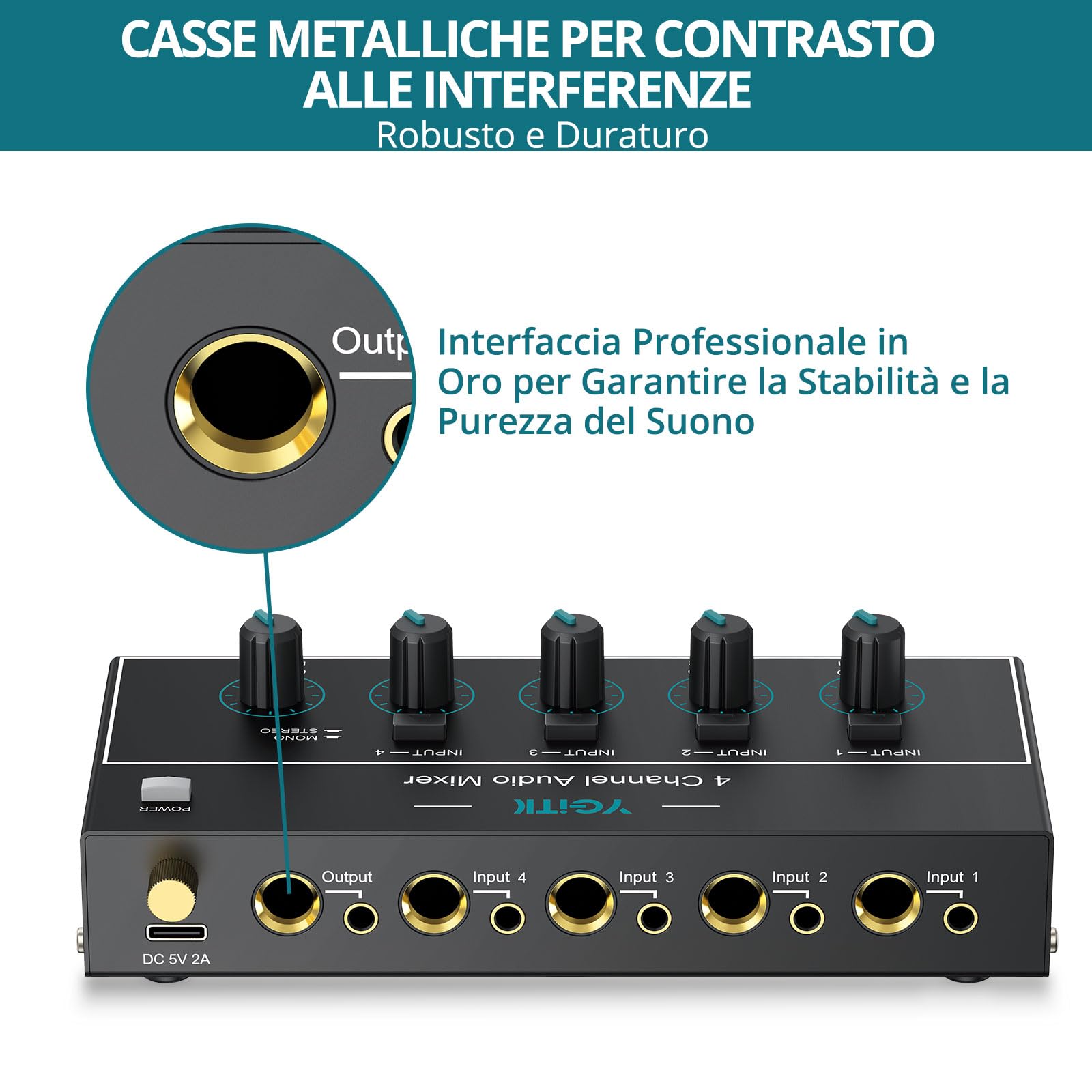 Mixer Audio 4 Canali Compatto con Interfaccia 6.35mm/3.5mm, Controllo Volume Indipendente e Alimentazione USB-C - Per Home Studio, Live Bar e DJ Portatile