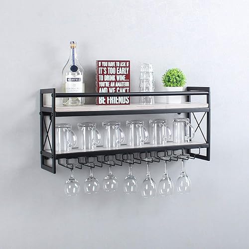 Miniatura 3 de MBQQ Estante de vidrio para vino, estante industrial de madera de 2 niveles, estantes de vino de 30 pulgadas para montar en la pared con 7 soportes