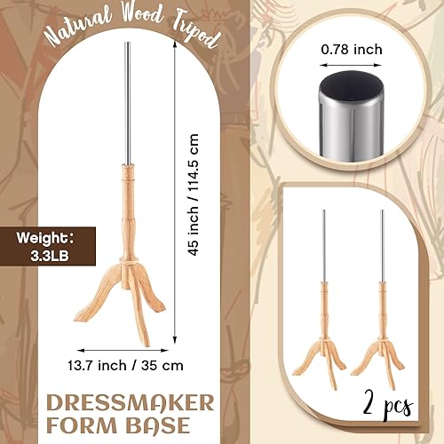 Miniatura 2 de Leinuosen Juego de 2 soportes de maniquí de madera, trípode, modista, forma de base, soporte para vestido de 45 pulgadas, compatible con la mayoría