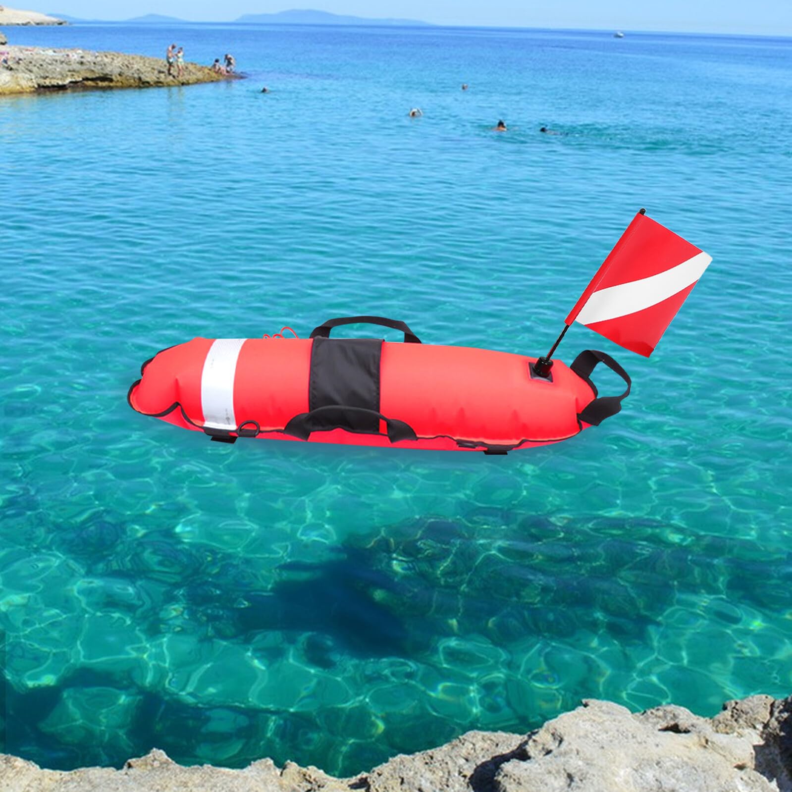 Flotador de Buceo Inflable Rojo con Bandera de Seguridad | Nylon Ligero, Resiste Agua de Mar, Marcador Visible para Natación y Aventuras en Mar Abierto