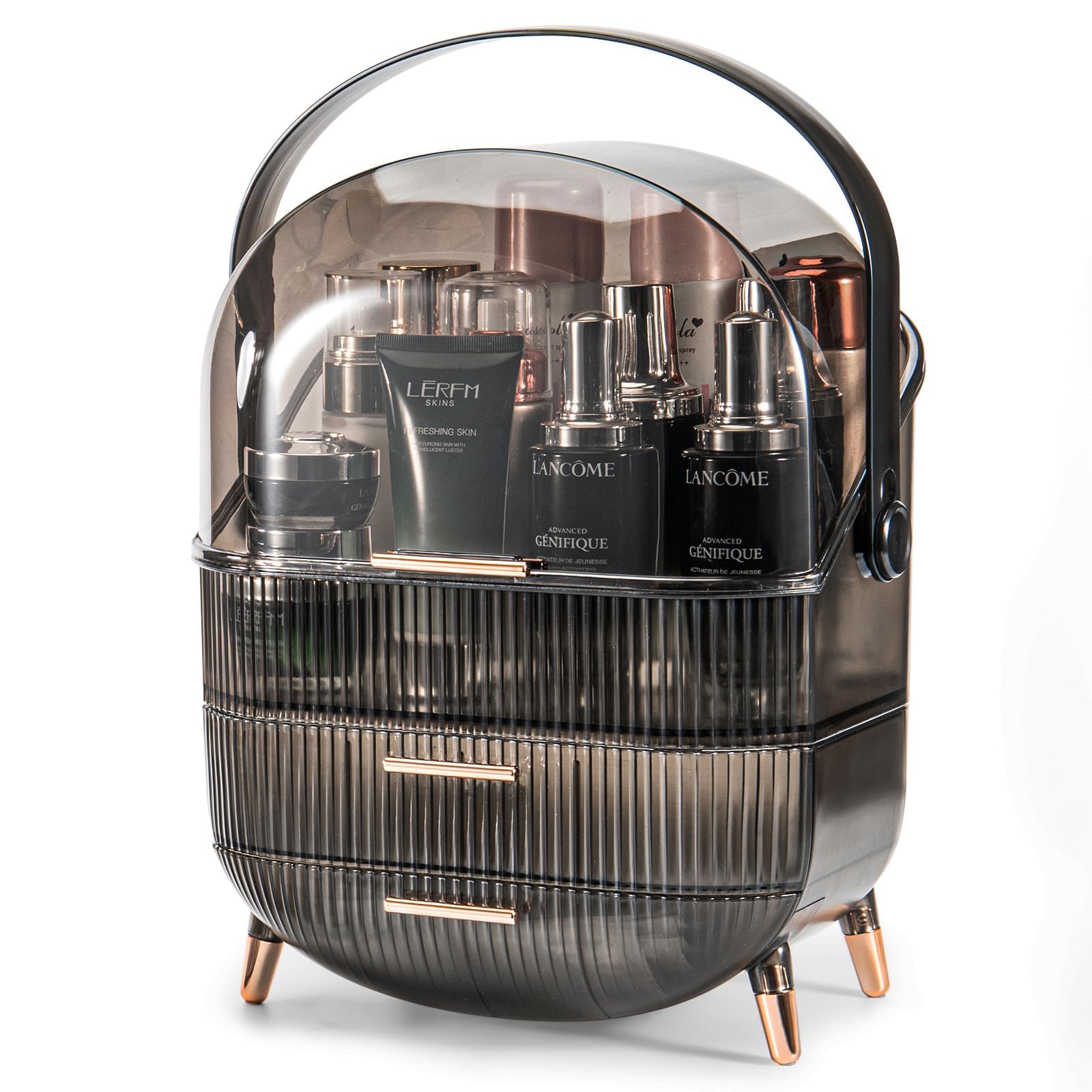 Makeup Organiser Storage Box, Cosmetics Display Case with Transparent Cover, Dust Proof Waterproof Cosmetics Storage Box Suitable for Bathroom Countertop and Bedroom Vanity Dresser (Retro Brown)