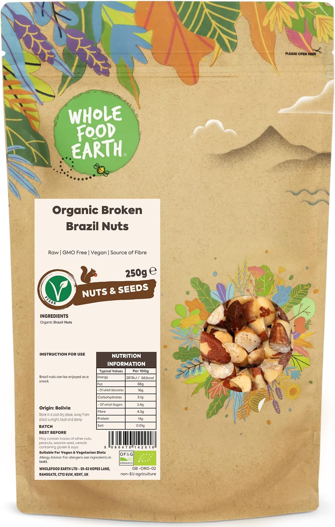 Wholefood Earth Organic Broken Brazil Nuts – 250g | Raw | GMO Free | Vegan | Source of Fibre | Certified OrganicEU Organic