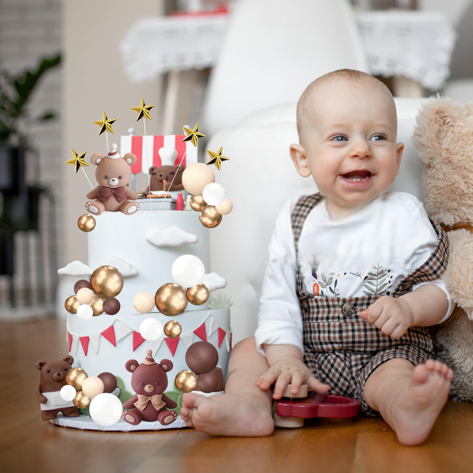 Set Decorazione Torta Orso Marrone Boho – Topper Orsetto Con Palline Beige E Marroni Per Compleanno E Baby Shower - 2