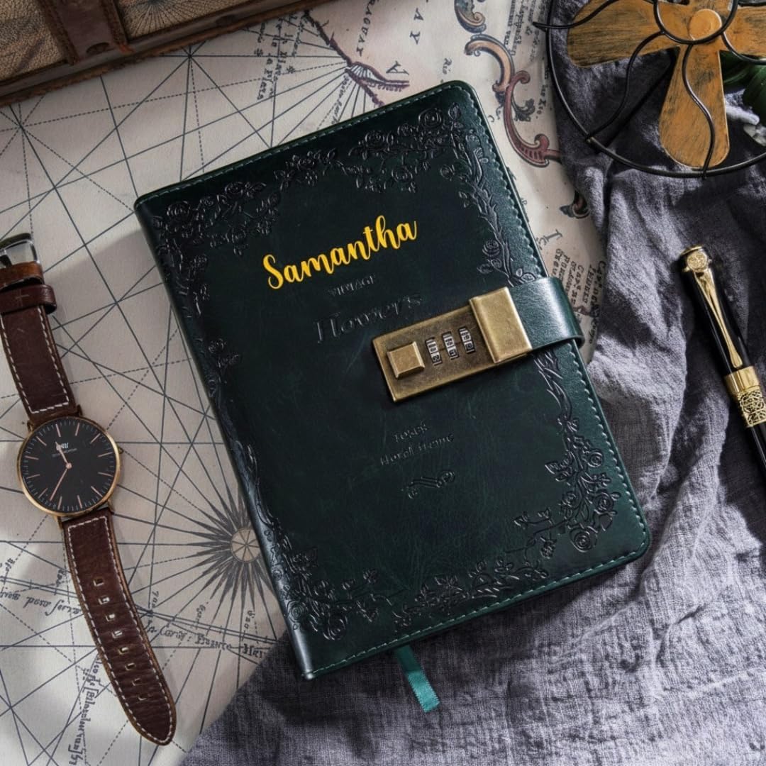 Personalized Lockable Diary for Women – Vintage Refillable Journal with Lock, Embossed Cover, 240 Pages, 5.5 x 7.9 Inch (Green with Name)
