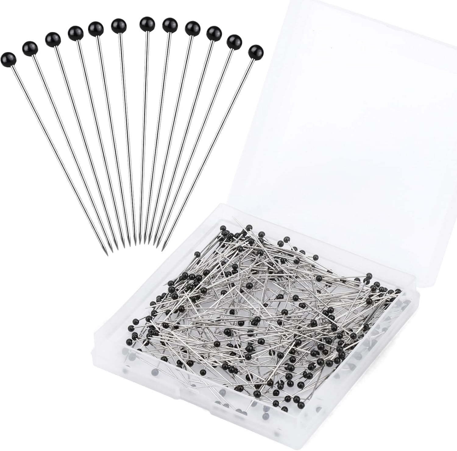 Sewing Pins, 300 PCS Straight Pins for Fabric, Black Pearlized Ball Head Quilting Pins Long 1.5inch, Sewing Pins with Transparent Plastic Box for Dressmaker, Jewelry DIY Decoration and Sewing Project