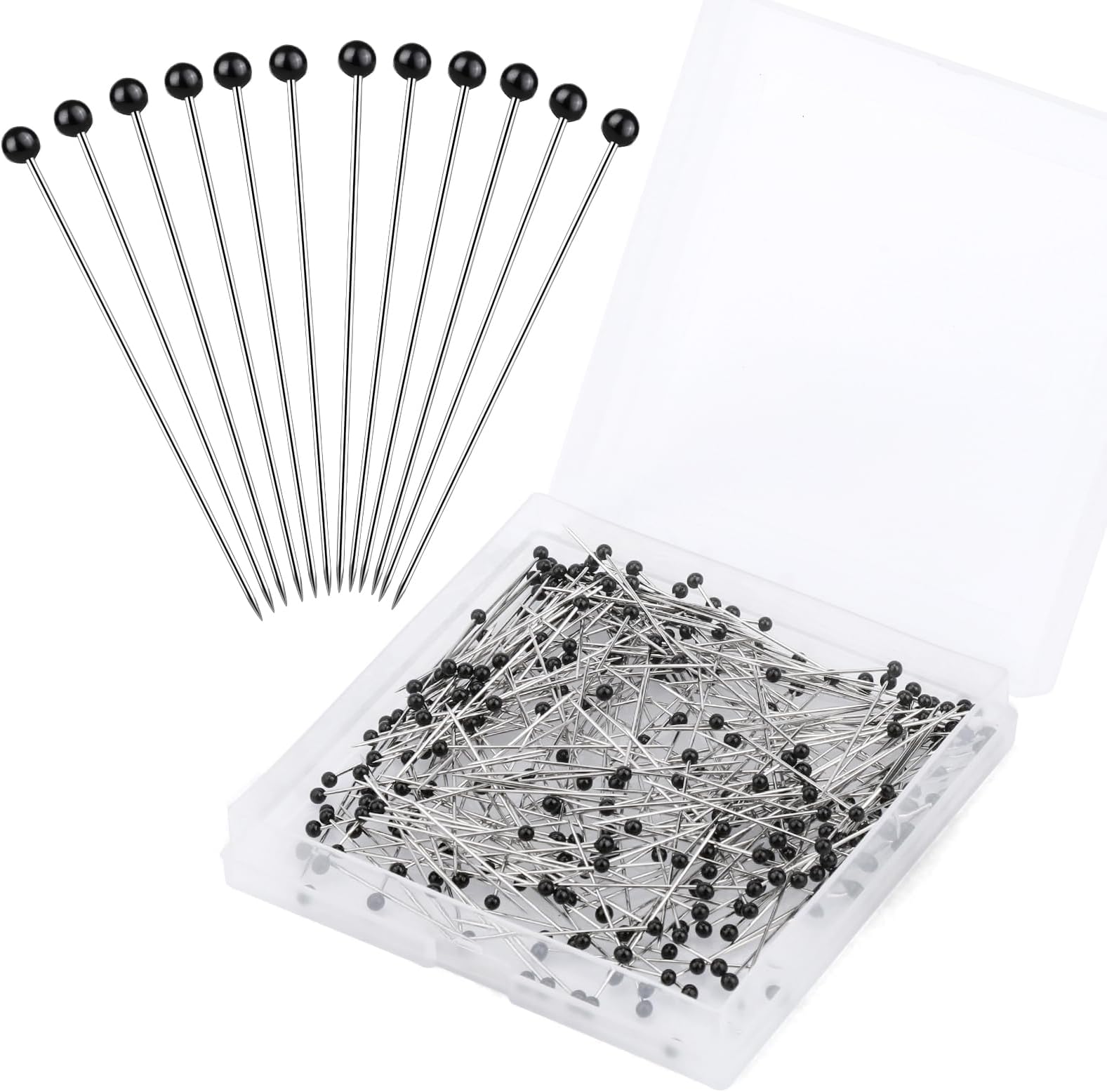Sewing Pins, 300 PCS Straight Pins for Fabric, Black Pearlized Ball Head Quilting Pins Long 1.5inch, Sewing Pins with Transparent Plastic Box for Dressmaker, Jewelry DIY Decoration and Sewing Project