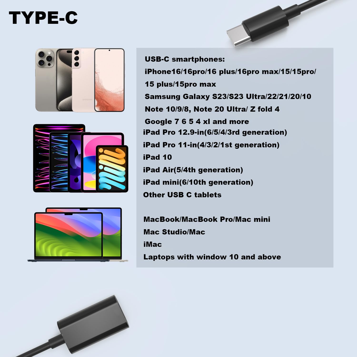 USB C Adapter Compatible with Lightning Headphone for iPhone 16/16Pro/15/15 Pro Series, iPad Pro, MacBook Pro and Others, Also Support Charging and Data.