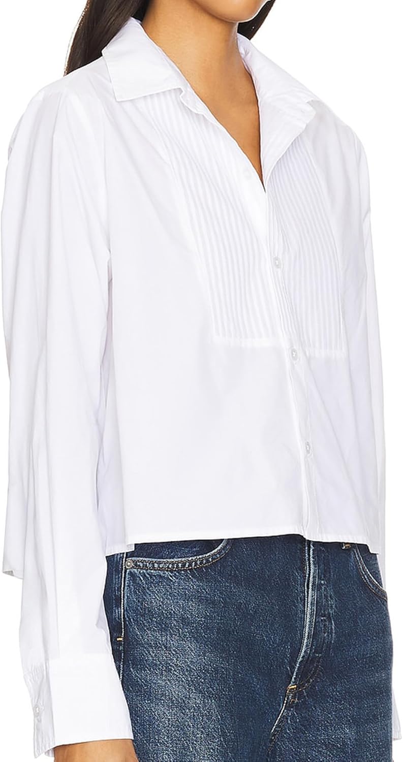SUNNOW Women's White Boxy Cropped Tuxedo Button Up Shirt Long Sleeve Blouse Dressy Casual Tops - Image 3