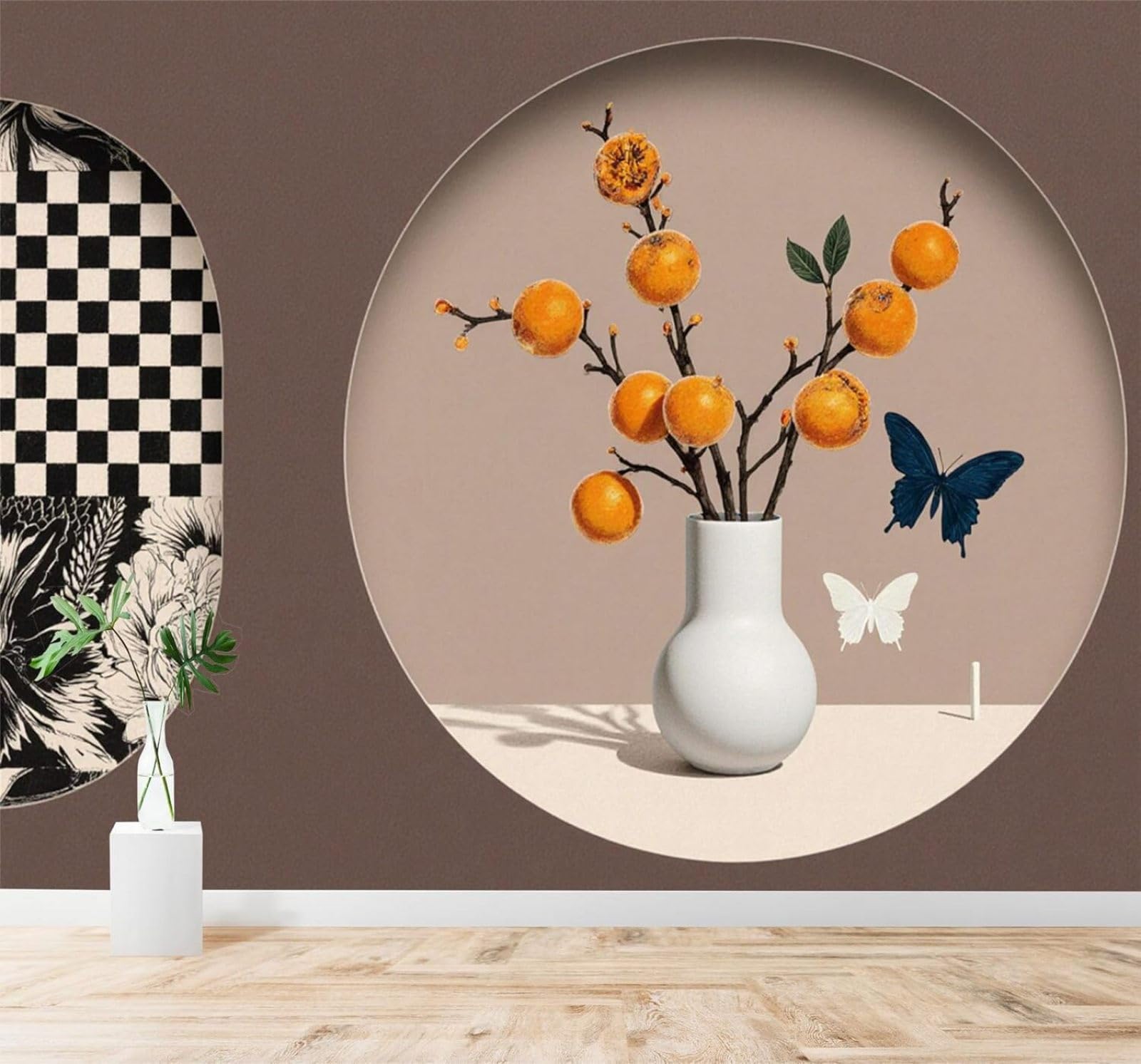 XLMING Orange Branches Butterflies White Vase Minimalist Art 3D Wallpaper Silky Texture Home Study Office Grey Dining Room Sofa Bedroom Living Room TV Backdrop-150cm×105cm