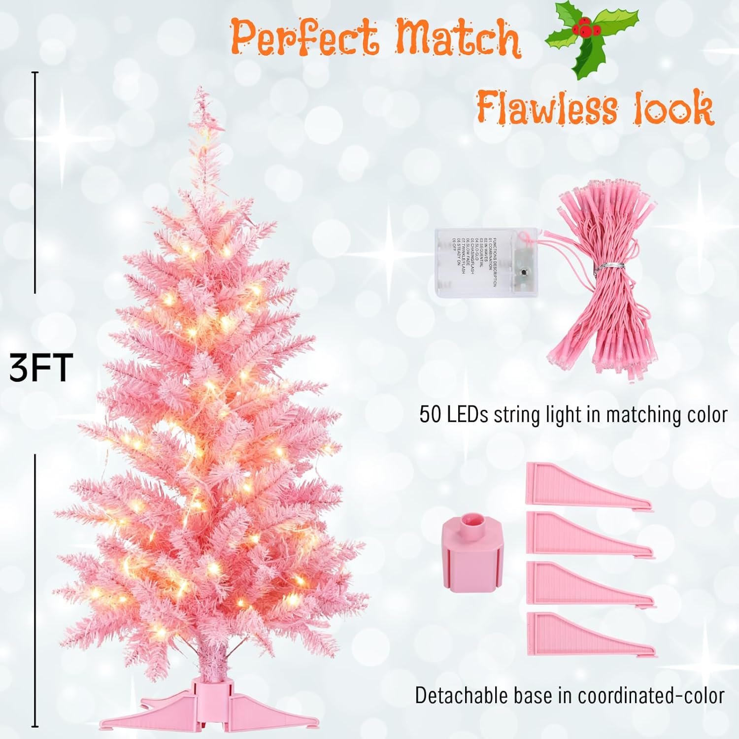 3FT Pink Christmas Tree with Lights - Hinged Small Artificial Xmas Tree - Includes 50 LED String Light, 160 Tips Dense Branches & Detachable Stand - Pink Christmas Decoration Tree for Holiday