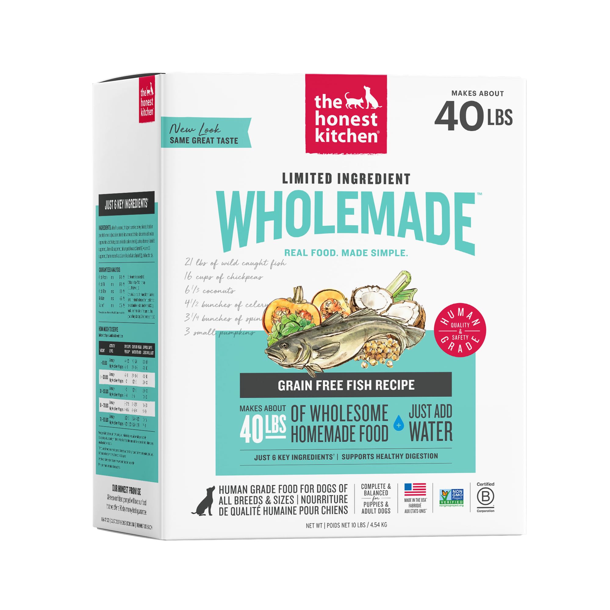 The Honest Kitchen Wholemade 6 Ingredient Grain Free Fish Recipe, Human Grade Dehydrated Dog Food, Allergy Friendly, Digestion Support, Topper for Dry or Wet Dog Food, 10 lb Box Makes 40 lbs