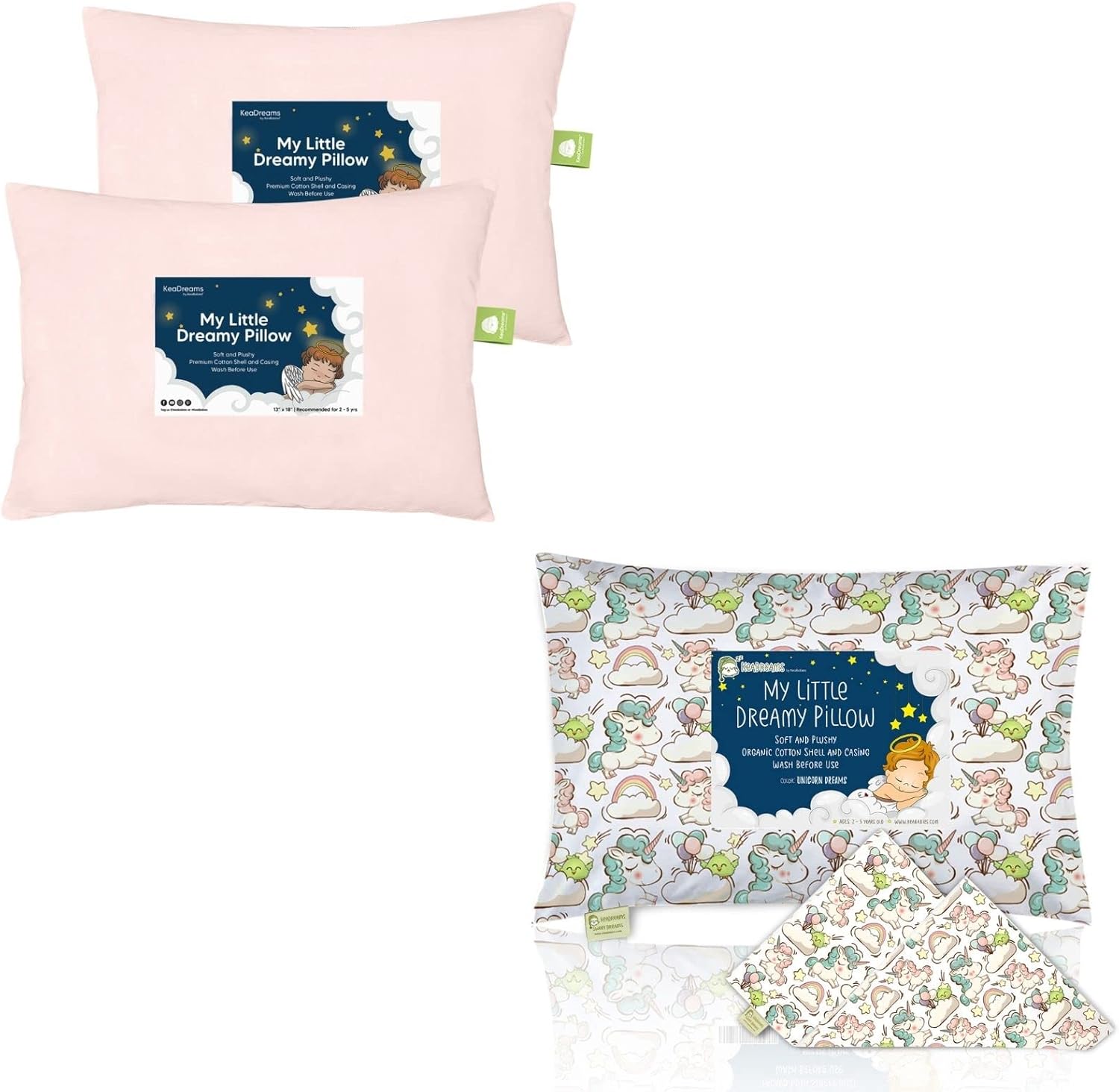 KeaBabies 2-Pack Toddler Pillow and Toddler Pillowcase for 13X18 Pillow Bundle - Organic Toddler Pillow (Misk Pink) and Pillowcase (Unicorn Dreams) for Girl, Boy, Kids