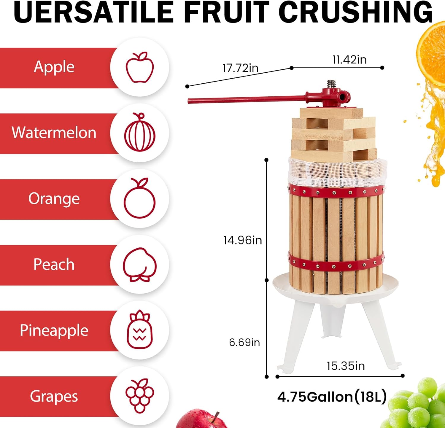 CAELUM Fruit Wine Press 4.75 Gallon, Apple & Grape & Berries Crusher Manual Juicer, 18 Liter Solid Wood Basket with 8 Blocks, Heavy Duty Cider Wine Making Press for Kitchen（Red）