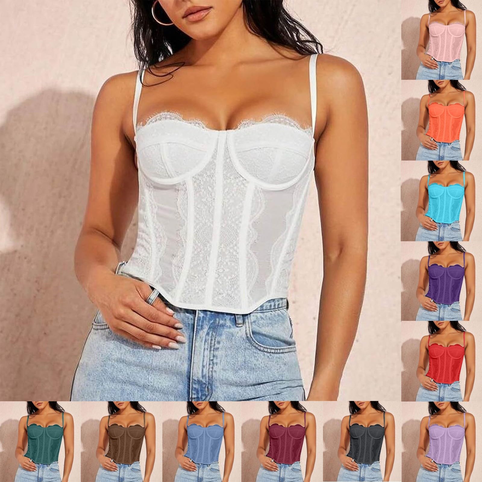 Corsetto modellante da donna, in pizzo, con fibbia, spalline sottili, corsetto sexy, per feste e serate in maschera