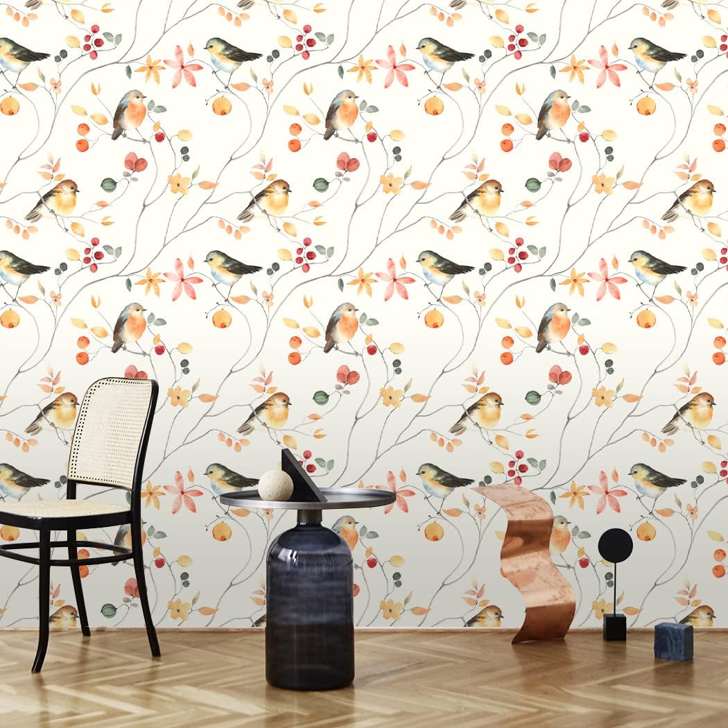 Birds Peel and Stick Wallpaper Removable Vintage Floral Self Adhesive Wall Paper for Shelf Drawer Liner Wall Home Decorations 17.7"x118" (Pack of 2)