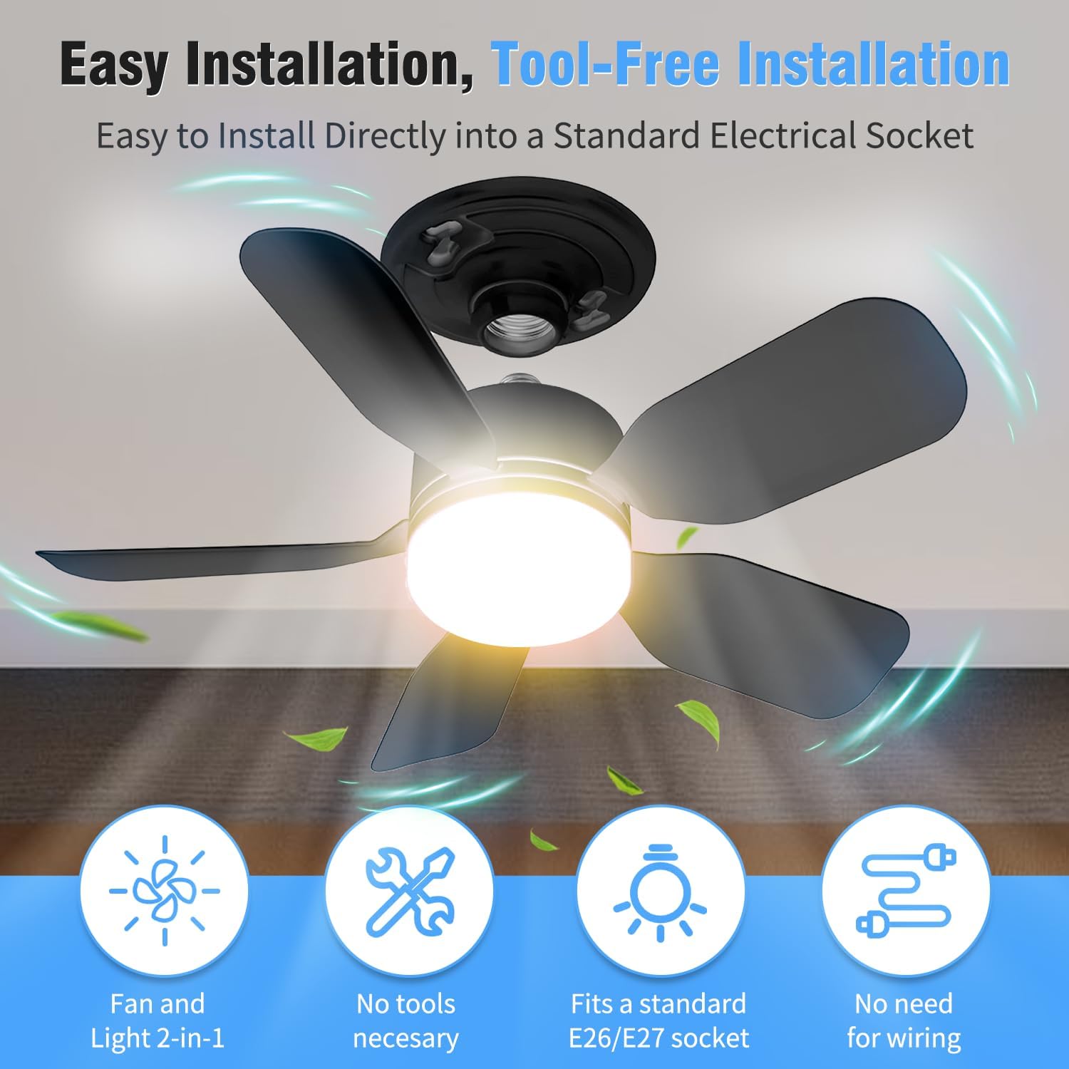 20" E26 Socket Fan Light with Remote, 30W 2000 Lumens, 3 Colors 3000-6000K Socket Breeze small ceiling fans with lights 6 Speed Wind Light Bulb Fan for Bedroom, Living Room, Kitchen, Laundry Room - Image 7