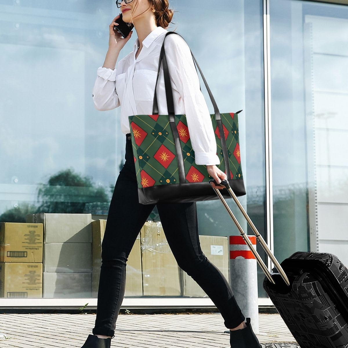 Green White Checkered Plaid Laptop Tote Bag for Woman 15.6 inch Laptop Organizer Bag Teacher Work Purse