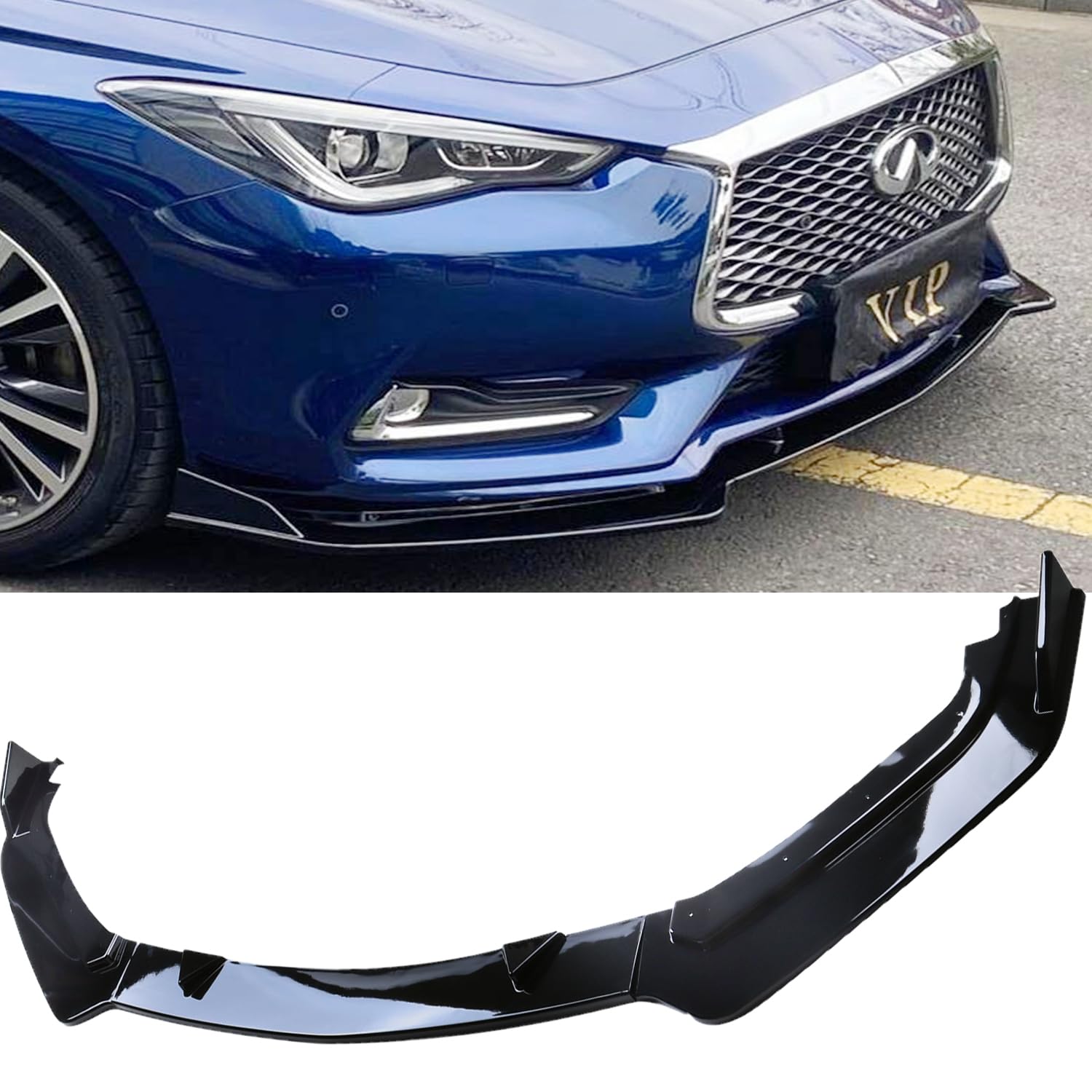 MUCO 3pcs Front Bumper Lip Spoiler Kit Compatible with Infiniti Q60 2017 18 19 20 21 2022 23 Gloss Black Cover Guard Protection Conversion Front Lips