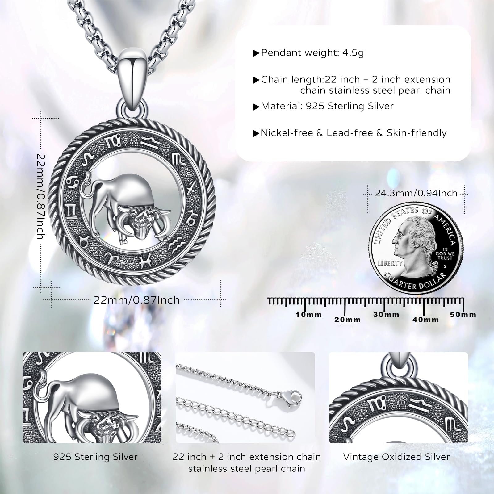 Stier Kette 925 Sterling Silber Sternzeichen Stier Anhänger Halskette Taurus Astrologie Horoskop Anhänger Schmuck Geburtstag Weihnachten Geschenke für Männer Frauen Unisex