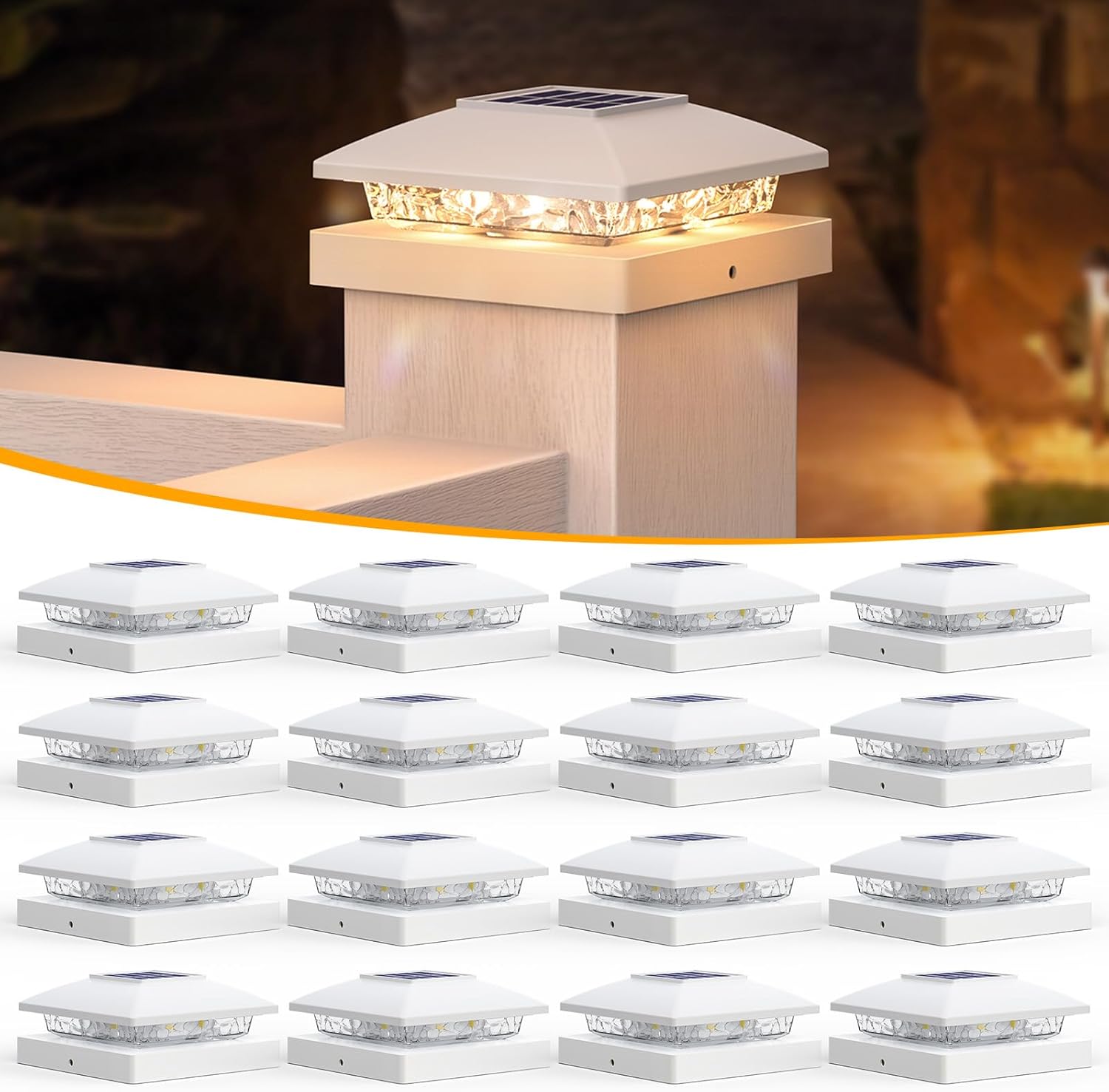 APONUO 4x4 Solar Post Cap Lights, 15LM Warm White LED, Dusk to Dawn, IP65 Waterproof, Sturdy Outdoor Lighting Decor for Garden, Patio, Deck & Fence, Fits 4x4 Wood & Vinyl Posts, White, 16 Pack White 16 Pack