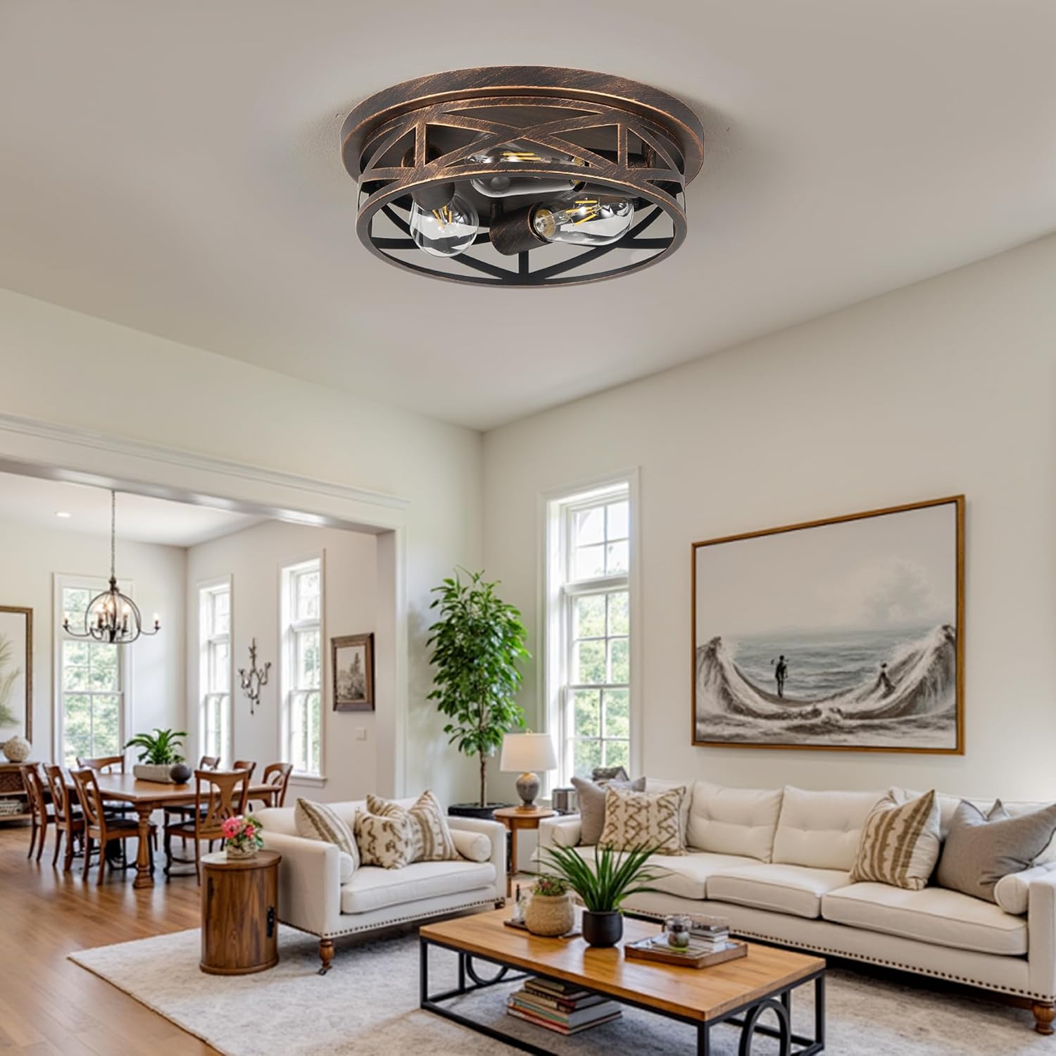 2 Pack Flush Mount Ceiling Light, 3-Light Close to Ceiling Light Fixtures, 13 Inch Farmhouse Cage Style Ceiling Lights for Bedroom, Living Room, Porch Kitchen (Black + Gold)