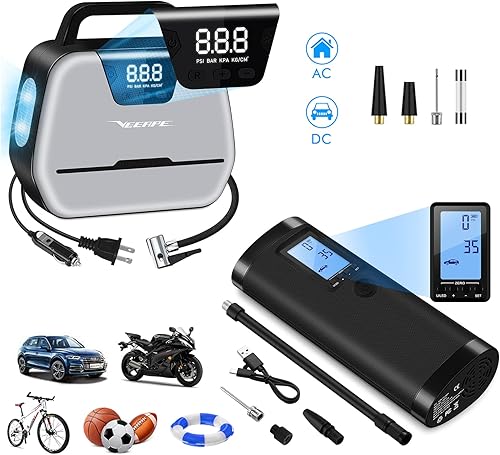 VEEAPE Compresor de aire portátil inflador de neumáticos 120PSI con manómetro + bomba de aire eléctrica VEEAPE 12V CC110V CA 150PSI con medidor de