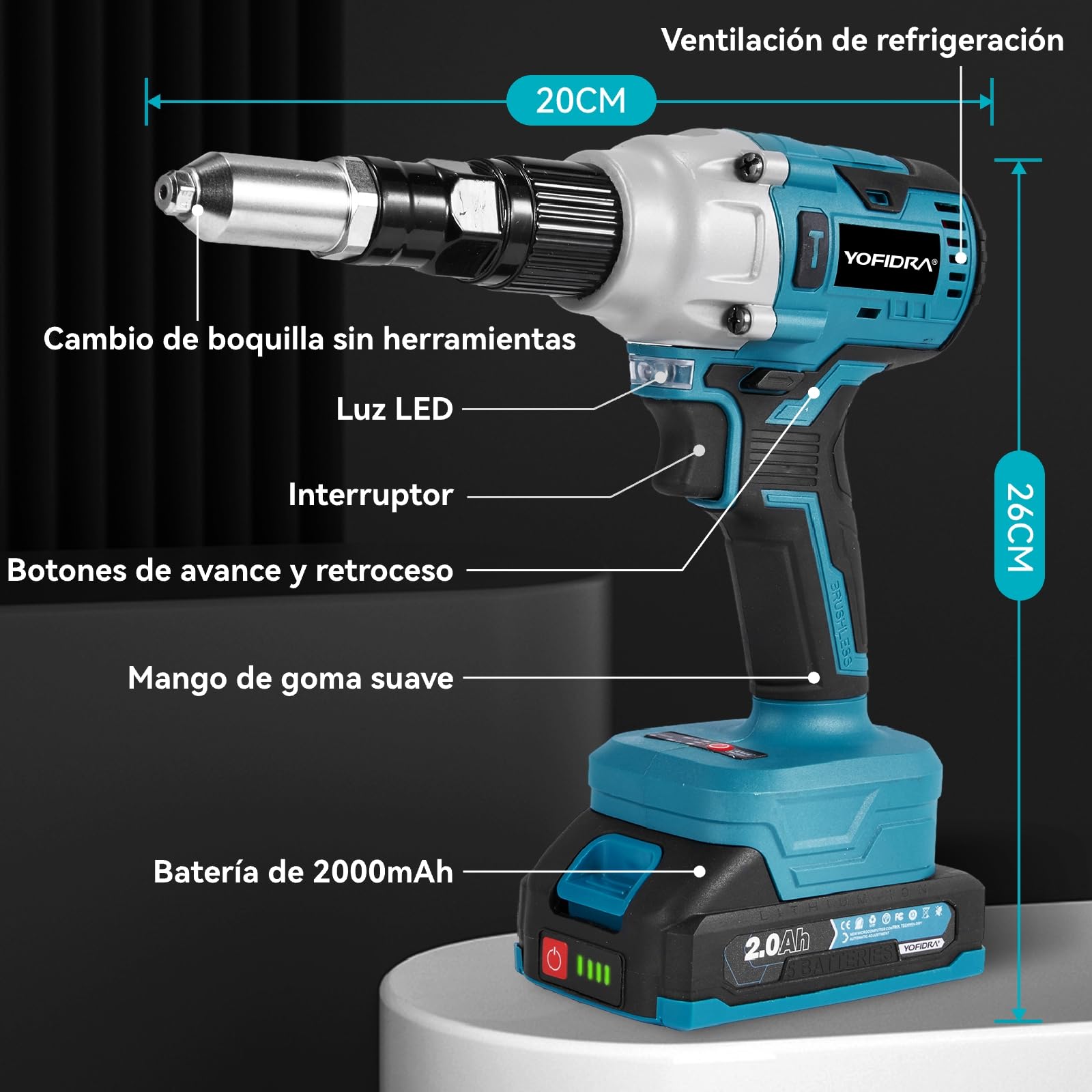 Remachadora Inalámbrica ONEVAN - 20.000N Fuerza, Motor Sin Escobillas, 2 Baterías 2000mAh, Para Remaches 2.4-5.0mm