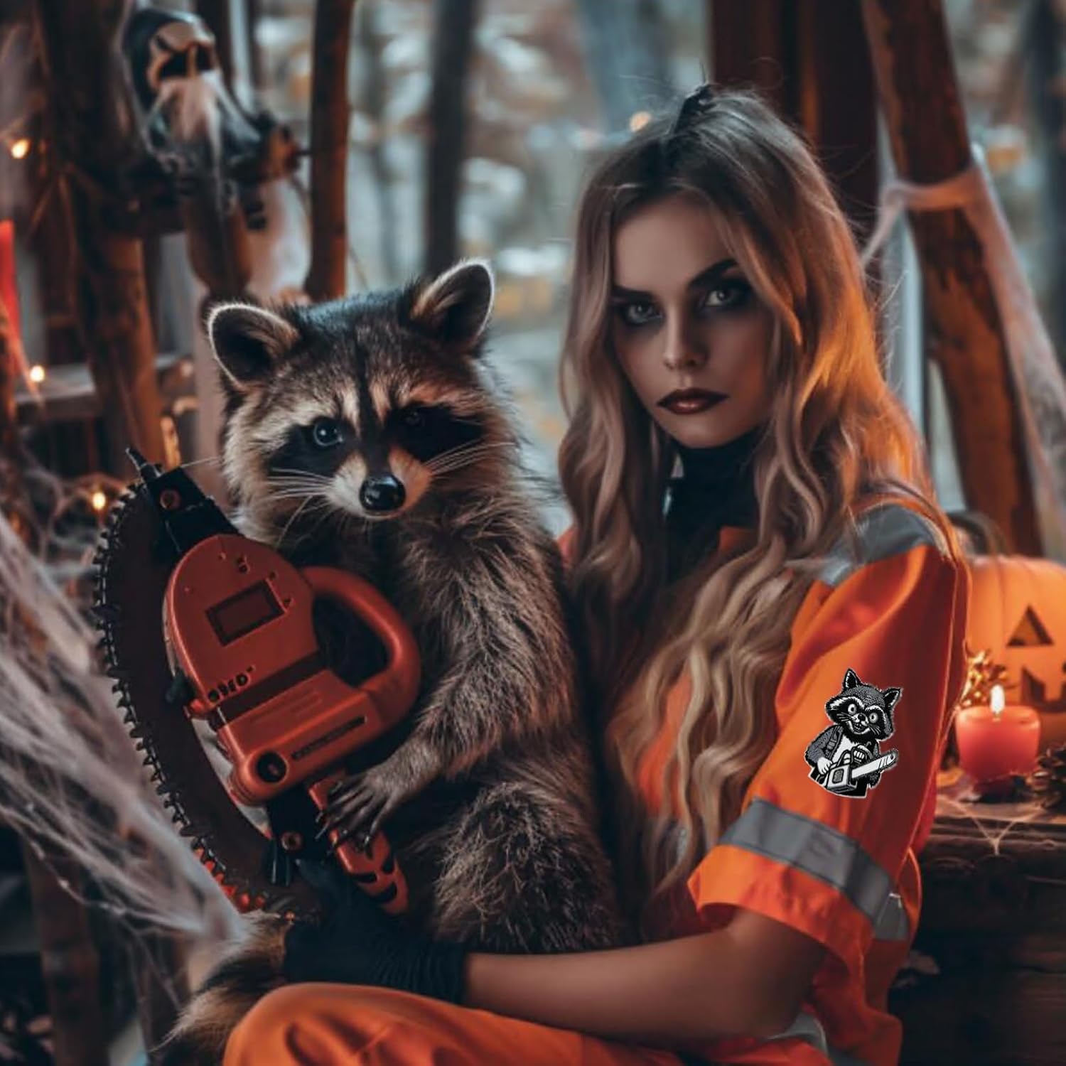 Halloween Horror Raccoon Holding a Chainsaw Embroidered Iron On Patch, Inspired by The Texas Chain Saw, Horror-Themed Gifts, Raccoon Gifts
