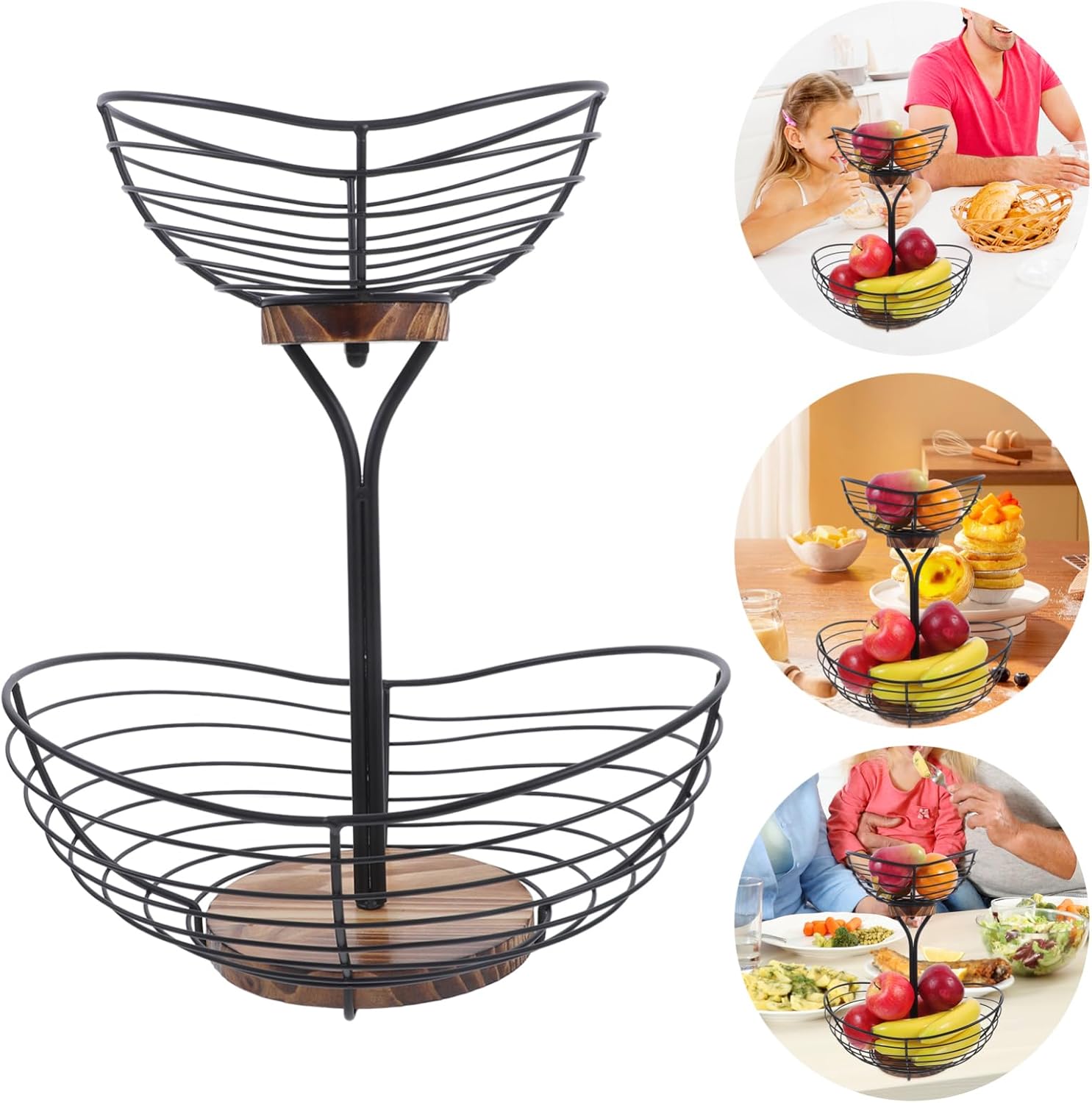 Multi-layer Black Fruit Bowl with Base Stylish Wire Fruit Basket for Kitchen Countertop Storage for Bananas and Other Iron Design