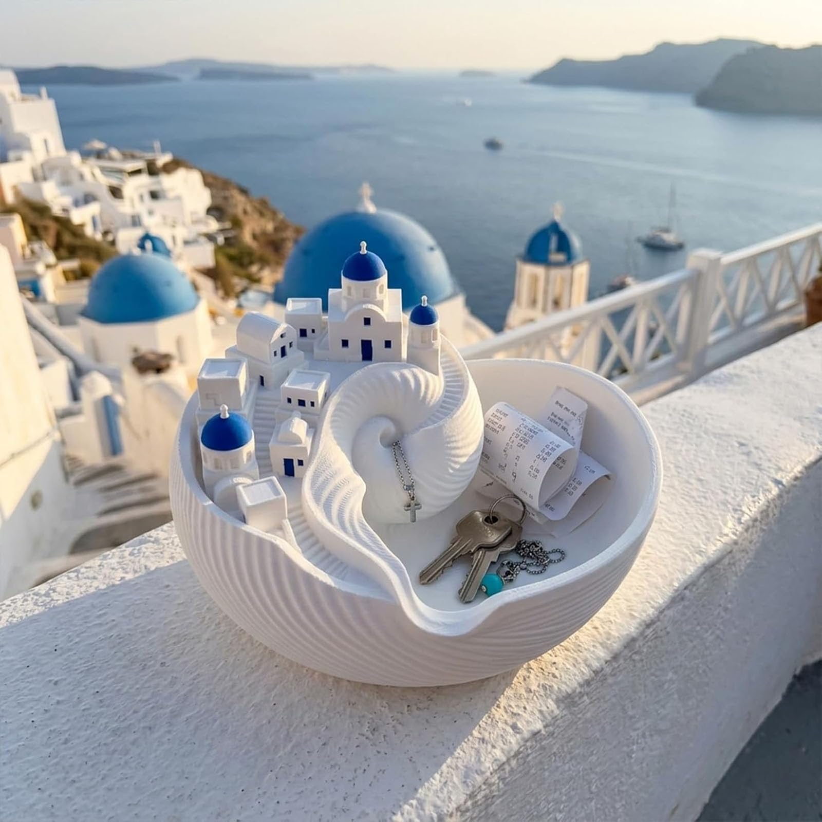 Ciotola Catchall di Santorini, ciotola decorativa per portachiavi, vassoio a conchiglia per chiavi, gioielli, monete, piatto per gingilli, organizzatore dell'isola greca stampato in 3D (1Pcs)
